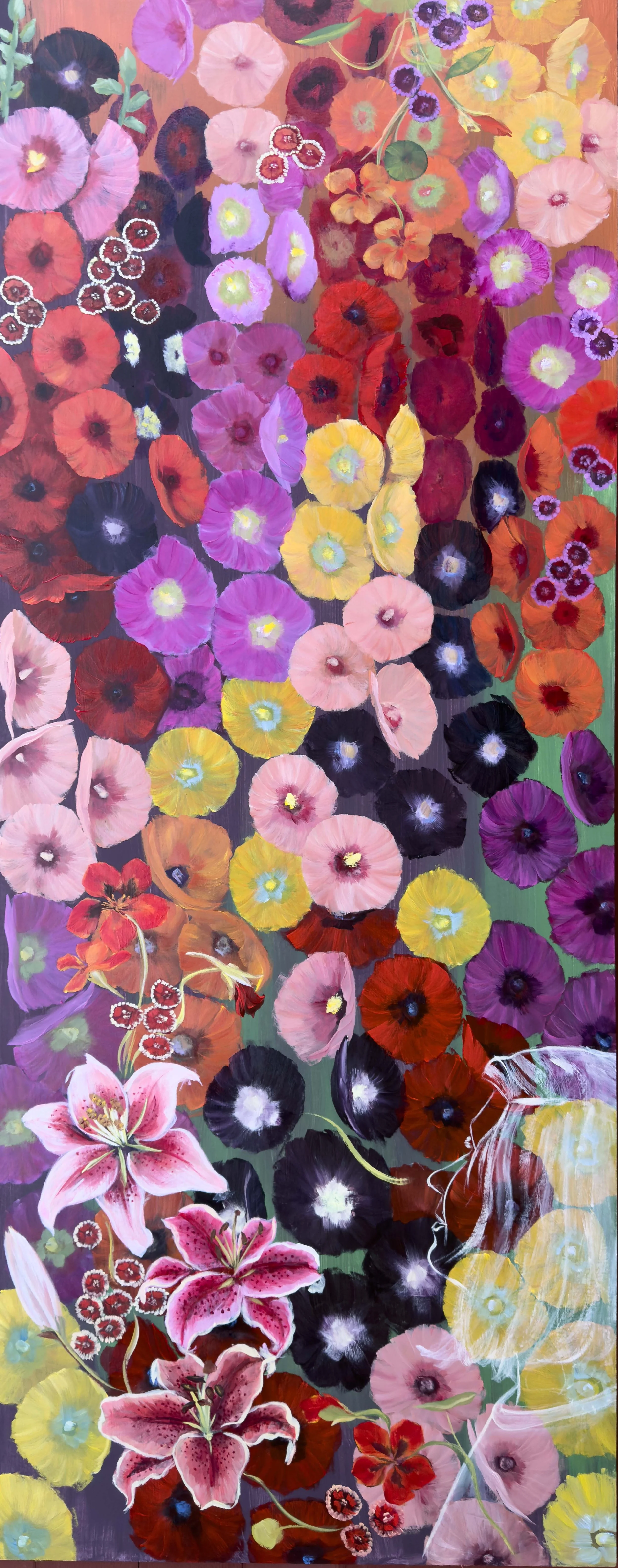 hollyhocks and lilies on canvas