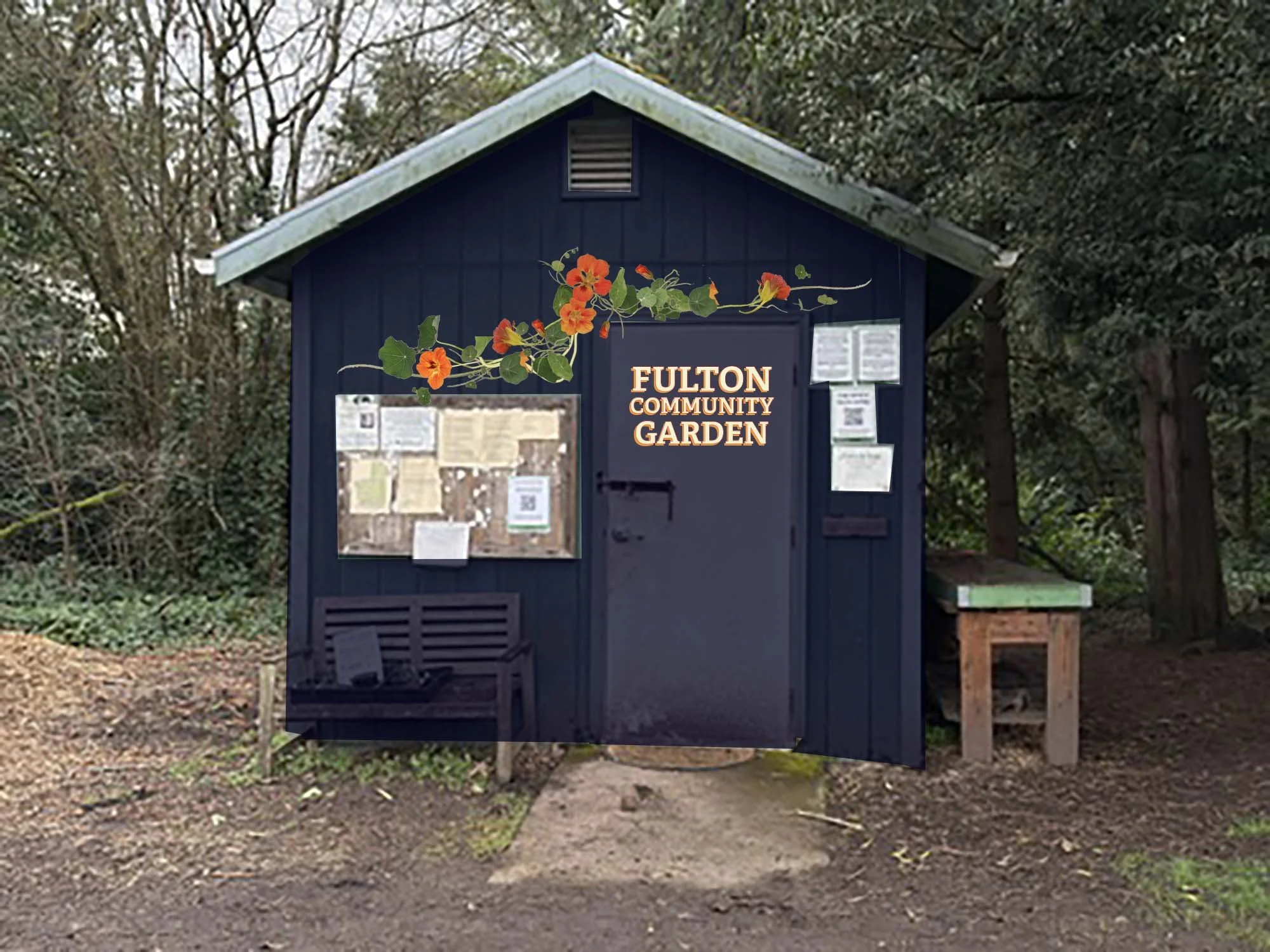 navy blue shed with nasturtium mural