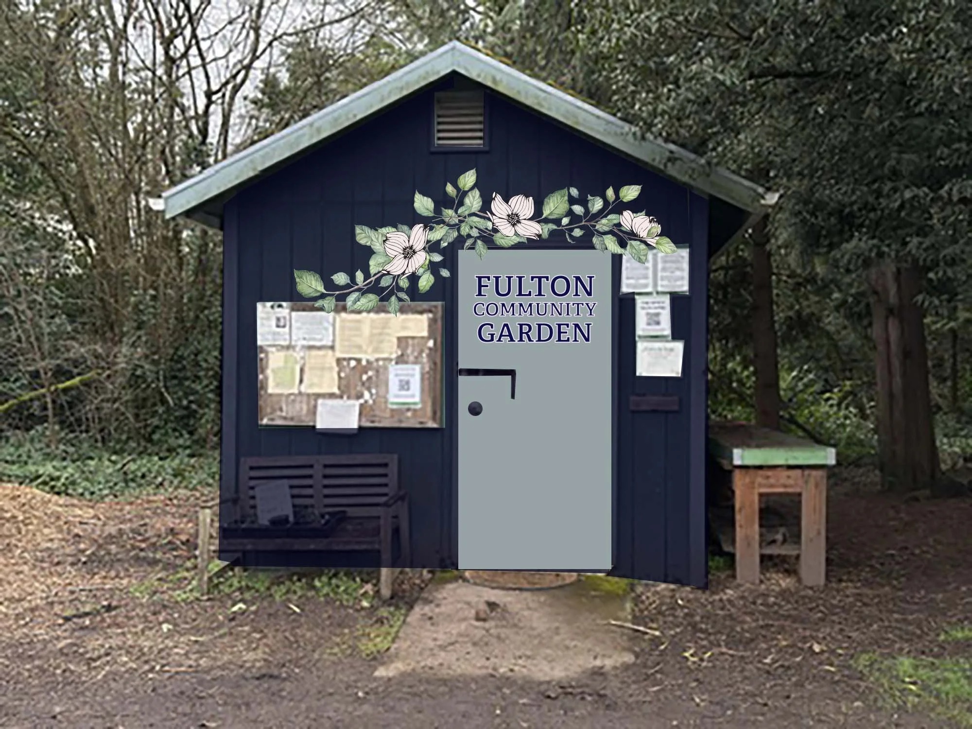 Navy blue shed with dogwood mural