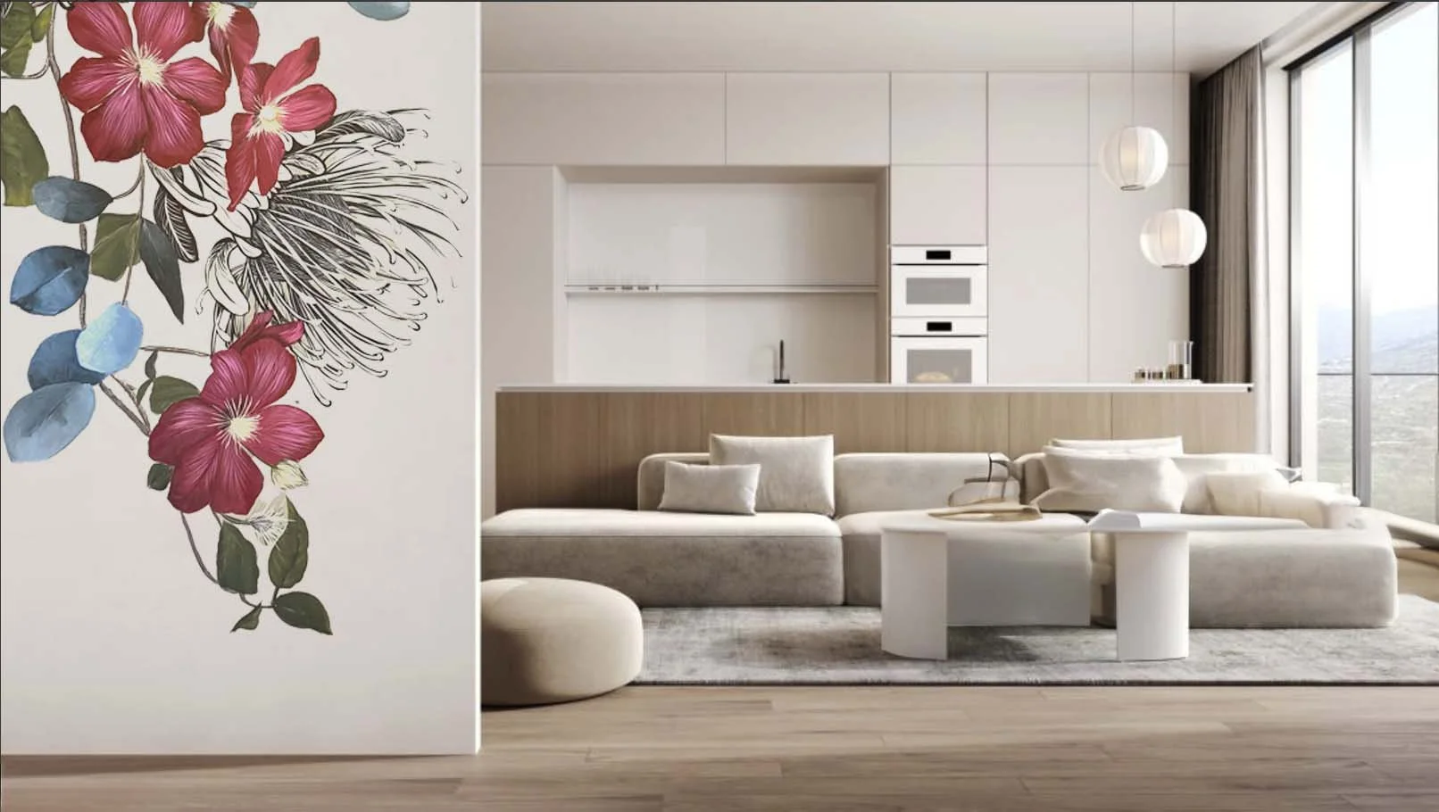 flower mural on brown wall