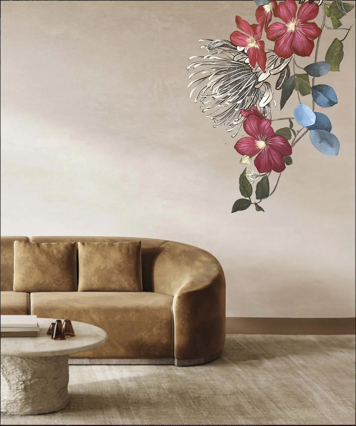 flower mural on brown wall