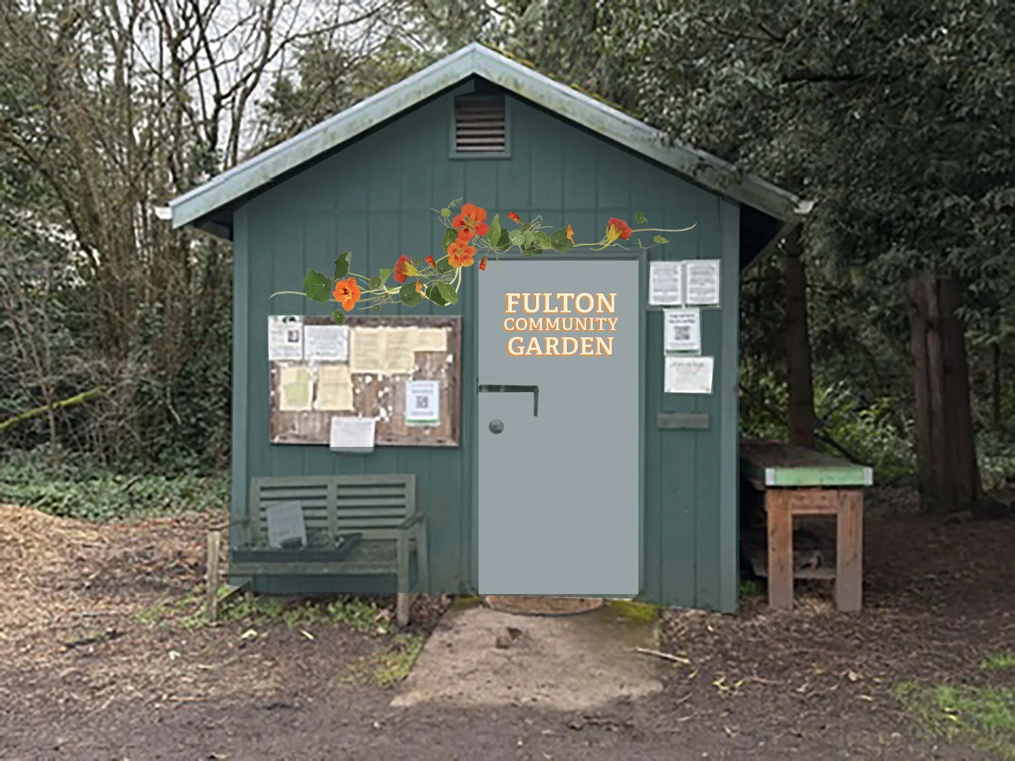 Dark green garden shed with nasturtium mural