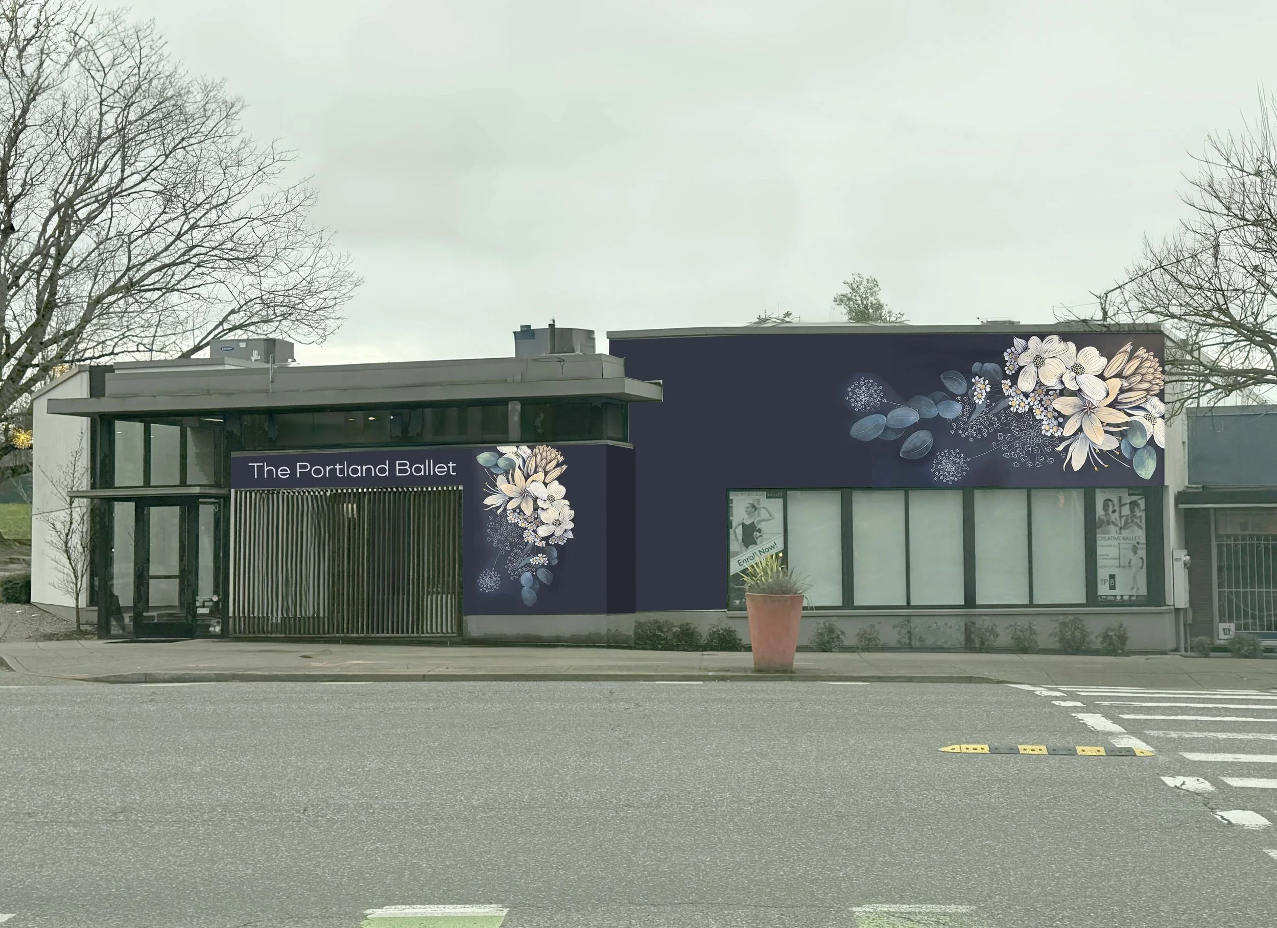 Dark wall with flower mural