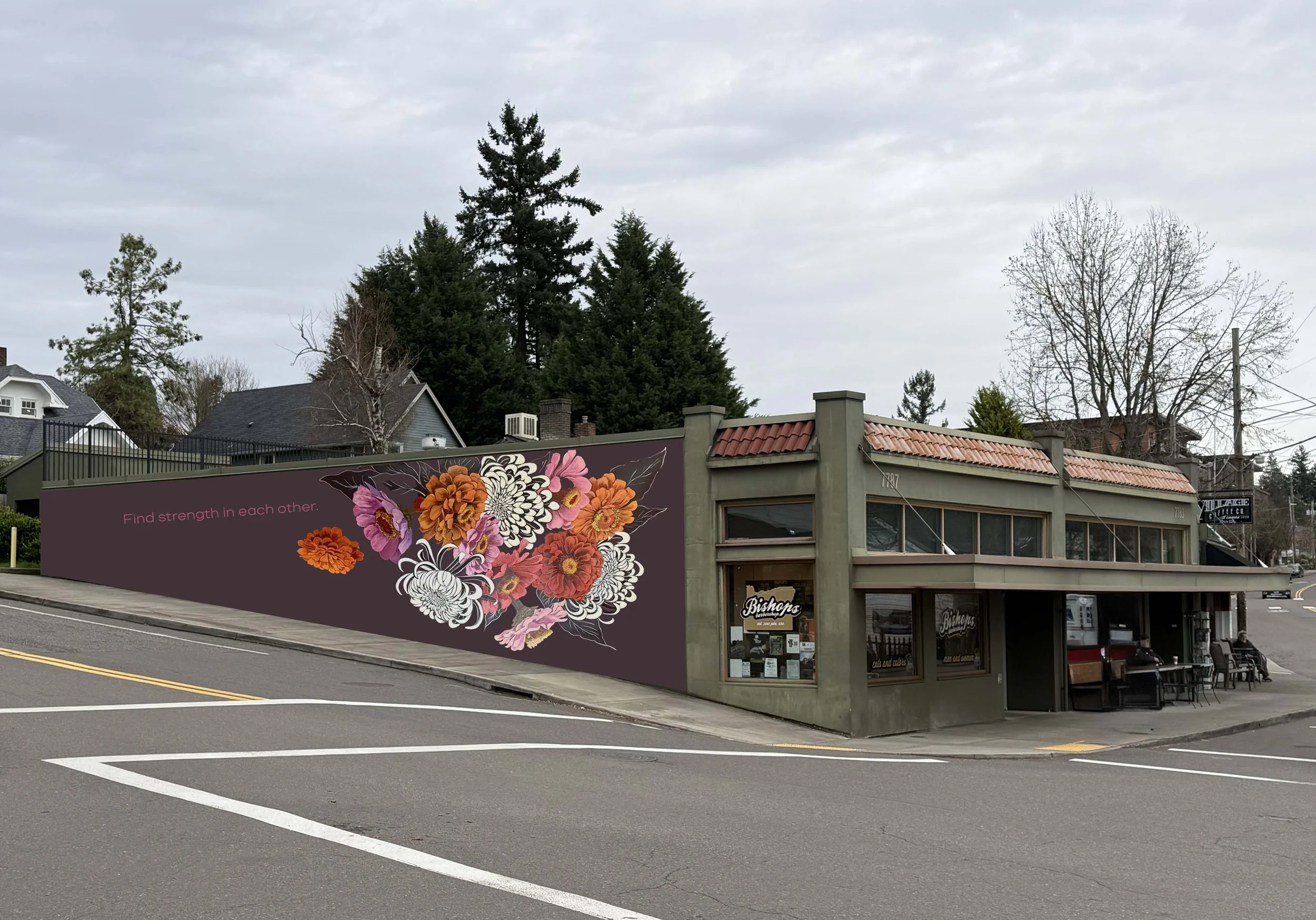 Zinnias and chrysanthemums in a bouquet  on a building