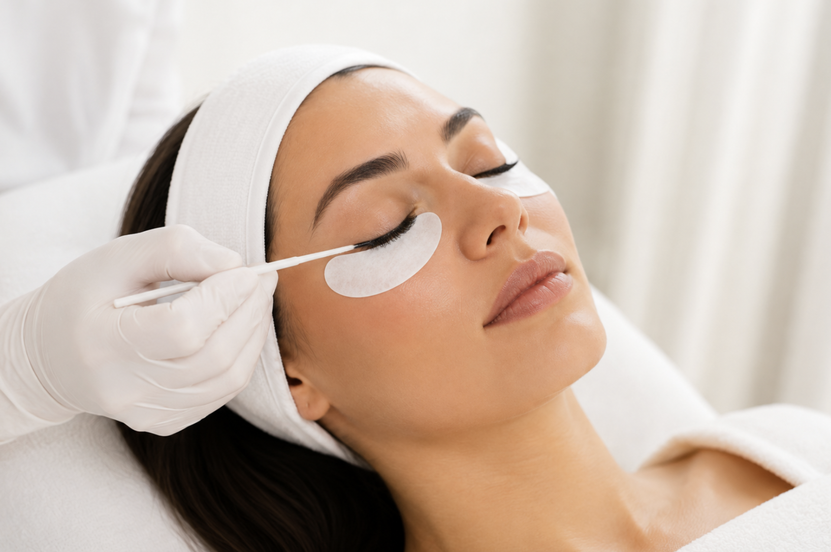 A woman receiving a facial treatment, with eye patches applied and an esthetician applying eye makeup or treatment with a cotton swab.