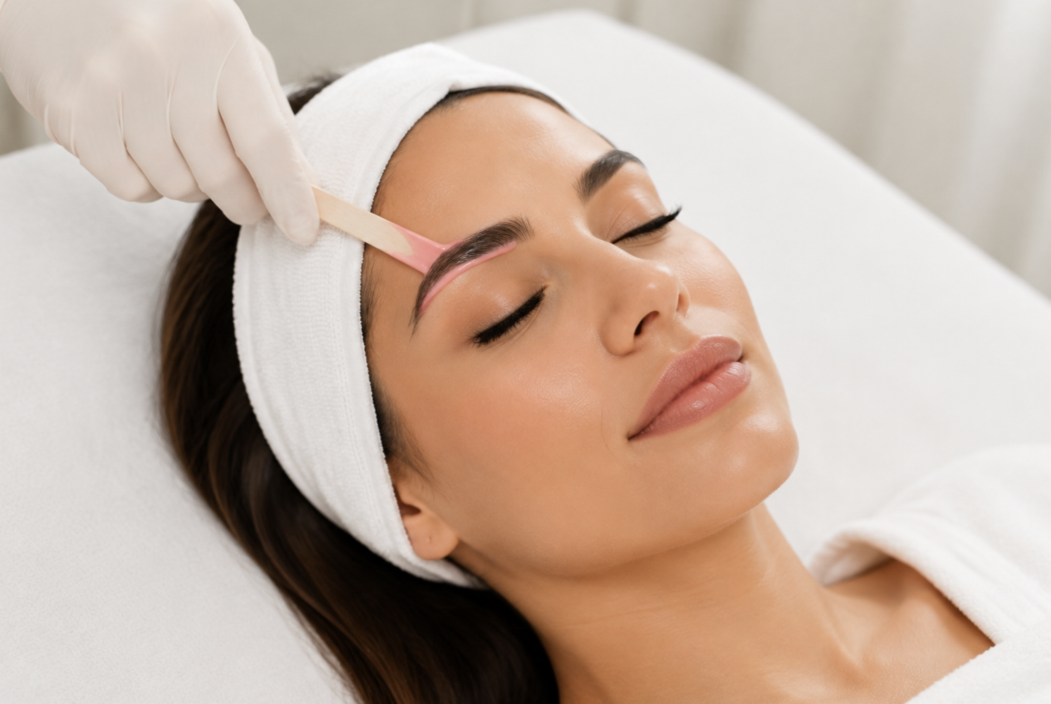 A woman lying on a treatment bed with her eyes closed, receiving a beauty treatment on her eyebrows using a pink applicator.
