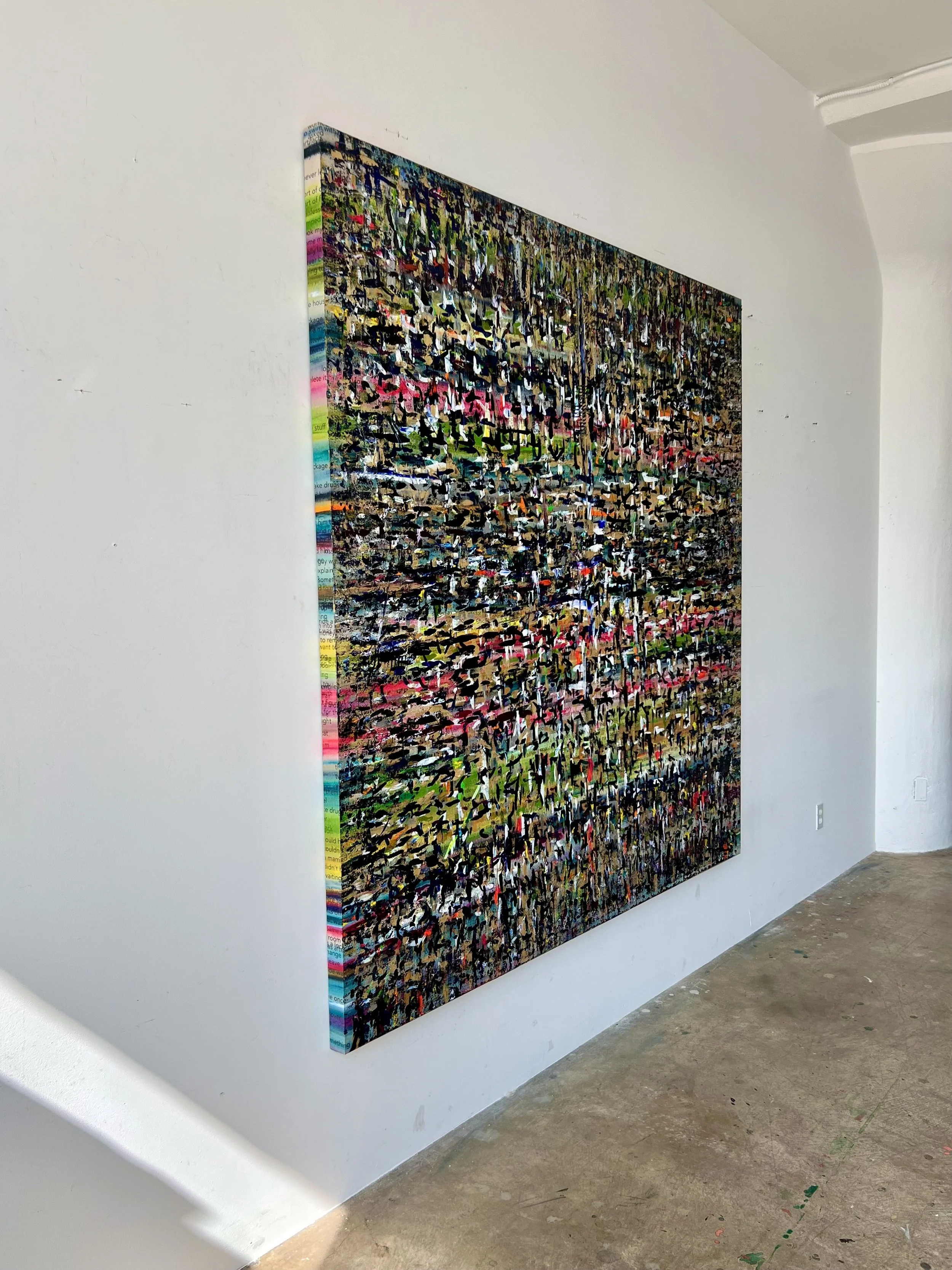 Familiar Strangers, 2025, acrylic  and ink on linen, 80x80 inches detail 