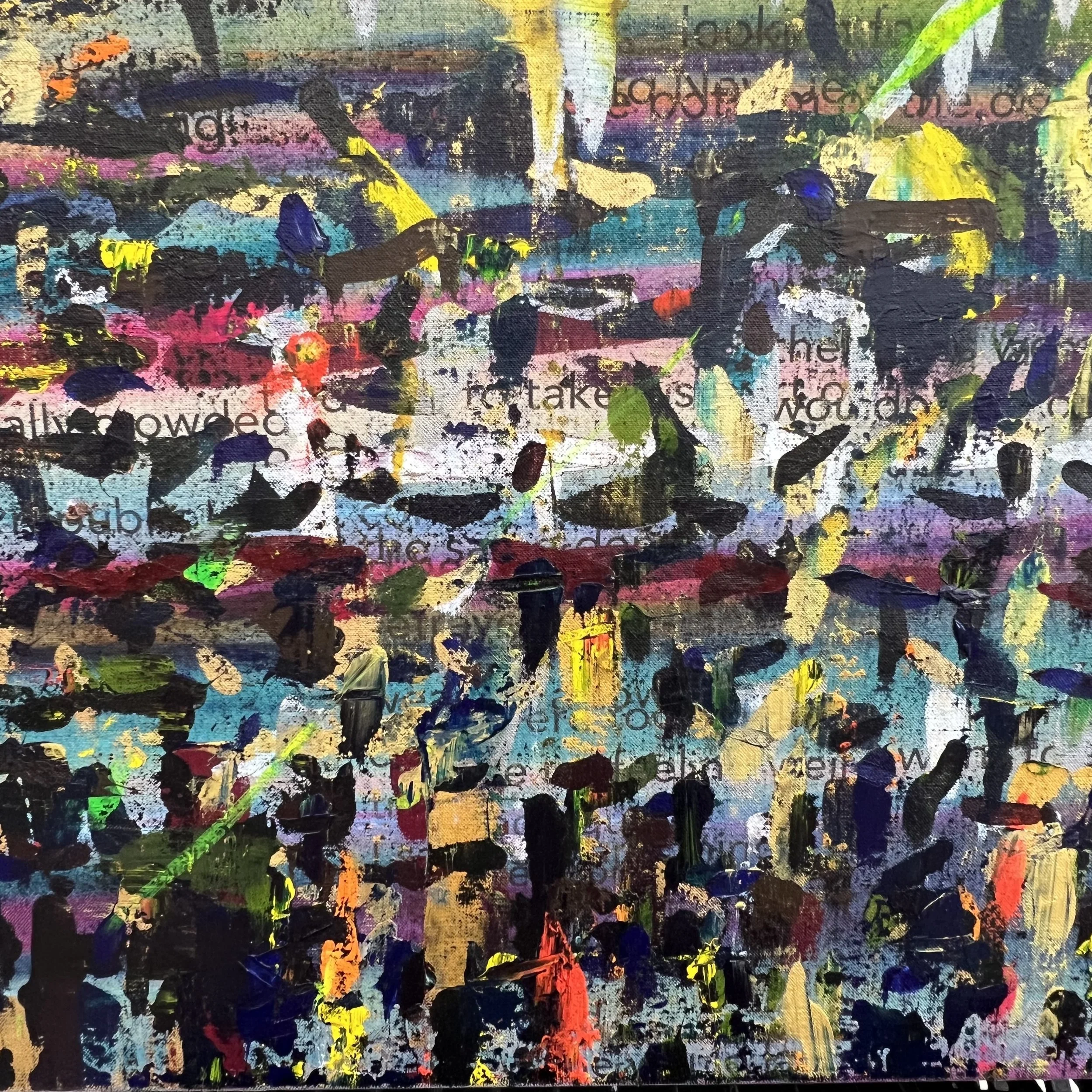 Familiar Strangers, 2025, acrylic  and ink on linen, 80x80 inches detail 