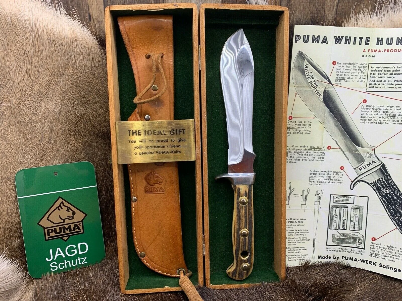 Pre 1964 Puma 6377 White Hunter Knife Stag Handles Sheath Presentation