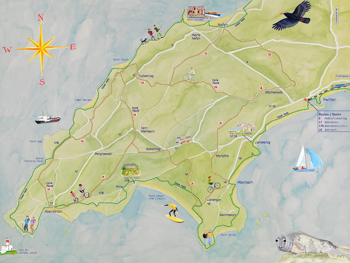 From Llyn Sustainable Travel Guide - showing walking, cycling and transport routes plus local culture, nature & heritage. For National Trust, hand-illustrated by Gabrielle Adamson