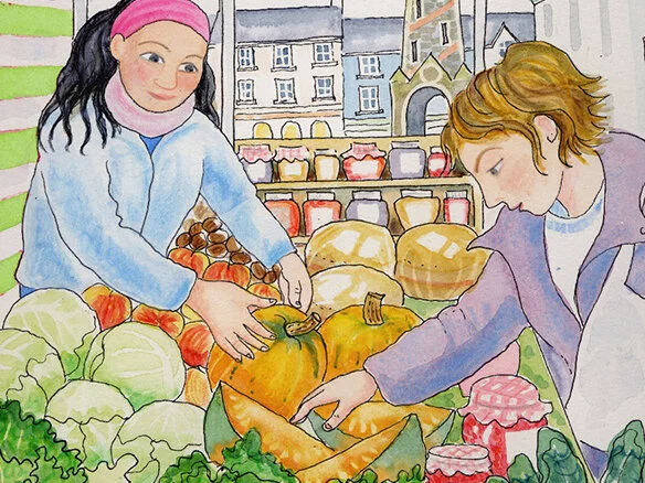 Dyfi Valley Picturemap - cover showing local community produce stall and some familiar faces at the weekly market. For Good Journey, working with illustrator Gabrielle Adamson