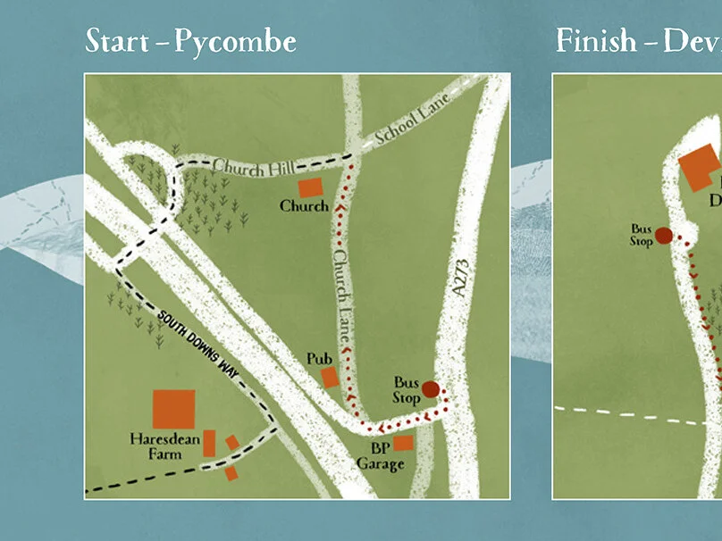 From Walking the South Downs Way by Public Transport - day walks from major settlements.
Illustrated mini-maps for the start & finish point of each walk ensure a smooth transition from transport to trail.
For South Downs National Park Authority wor