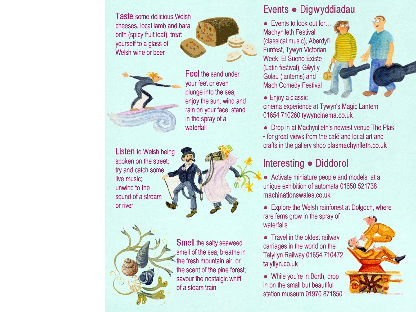 From Dyfi Valley Picturemap - insider tips, engaging senses, getting involved and sampling quirkiness. For Good Journey, hand illustrated by Gabrielle Adamson