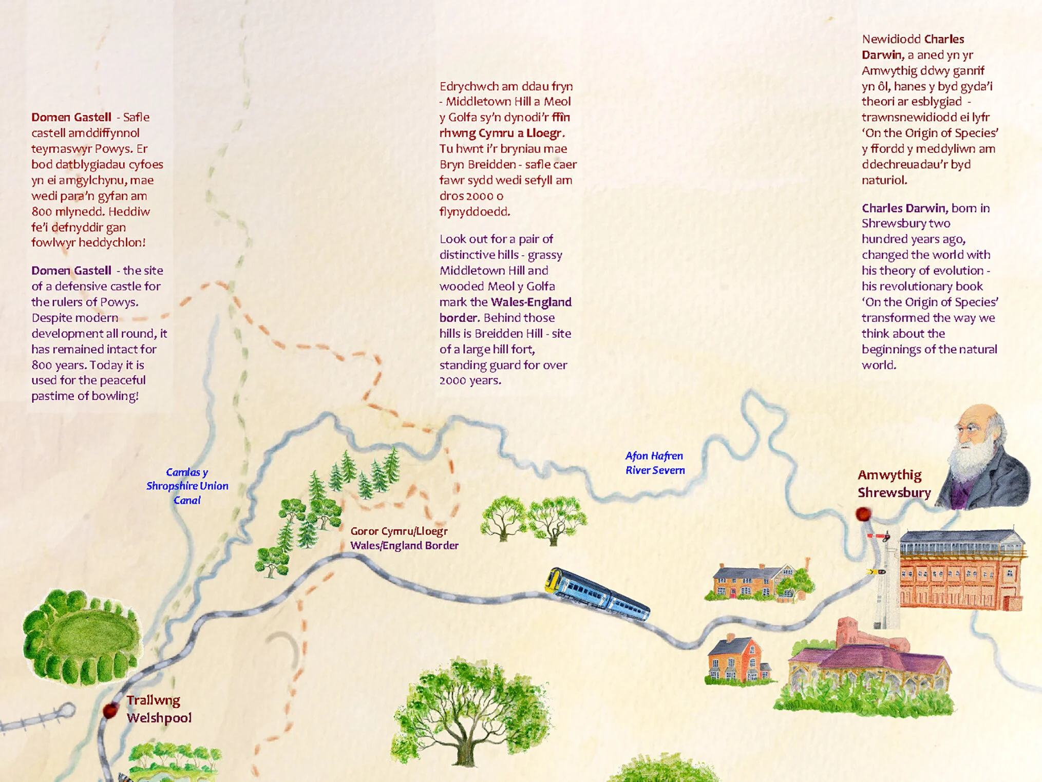 From Cambrian Countrygazer - windowgazing your way along the routeway that powered the industrial revolution. For Cambrian Railways Partnership, hand-illustrated by Gabrielle Adamson