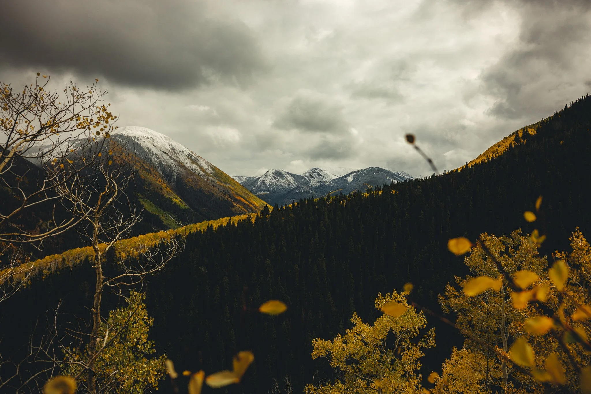 A cold fall day with snow capped peaks