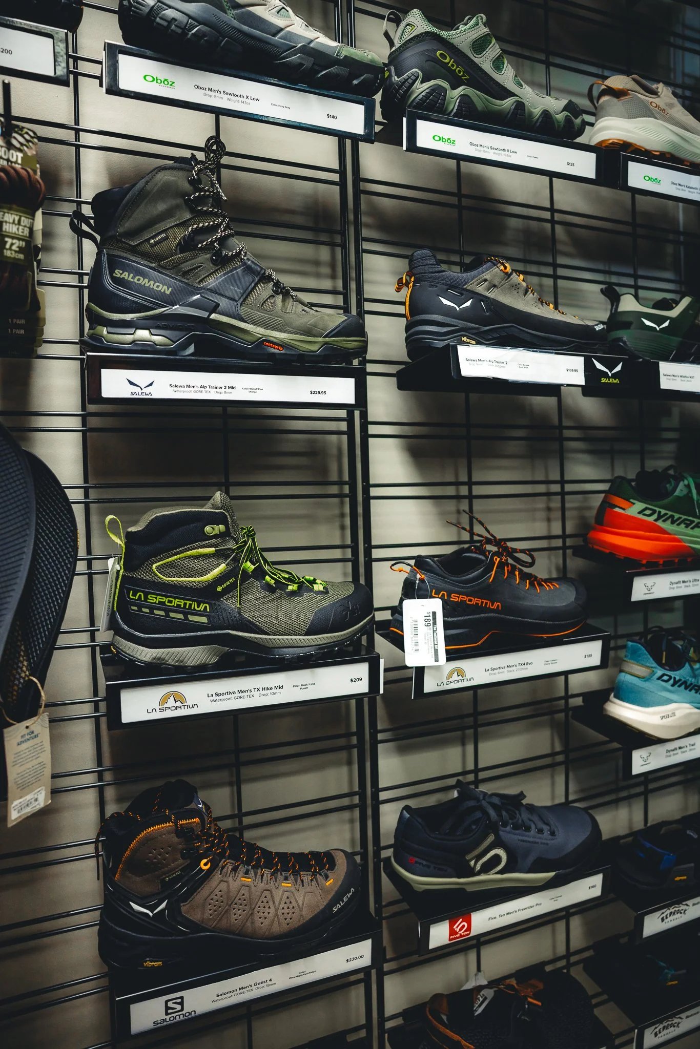 Selection of hiking footwear and camping gear