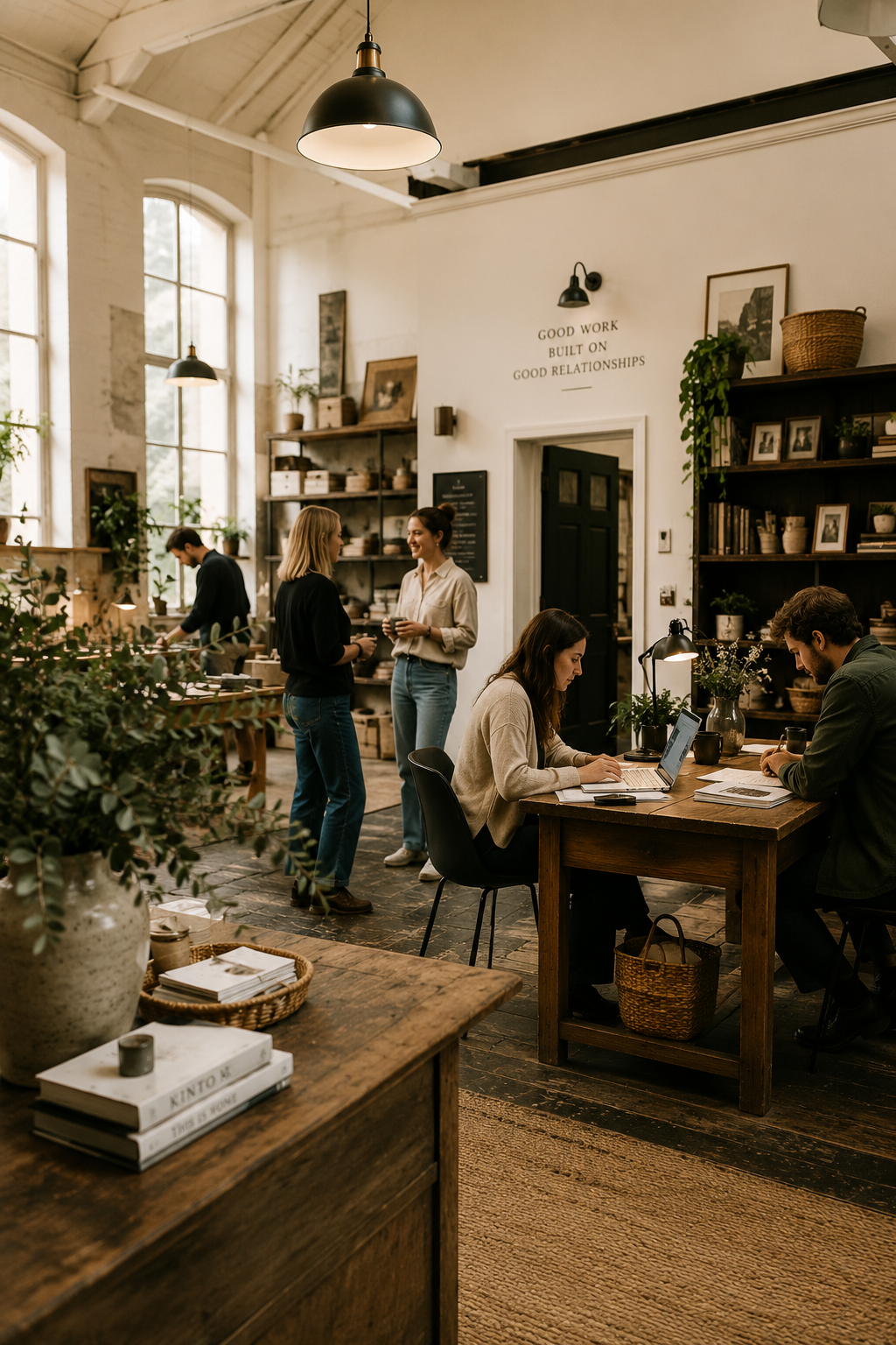 Growing small business team working together in a warm, modern creative workspace.