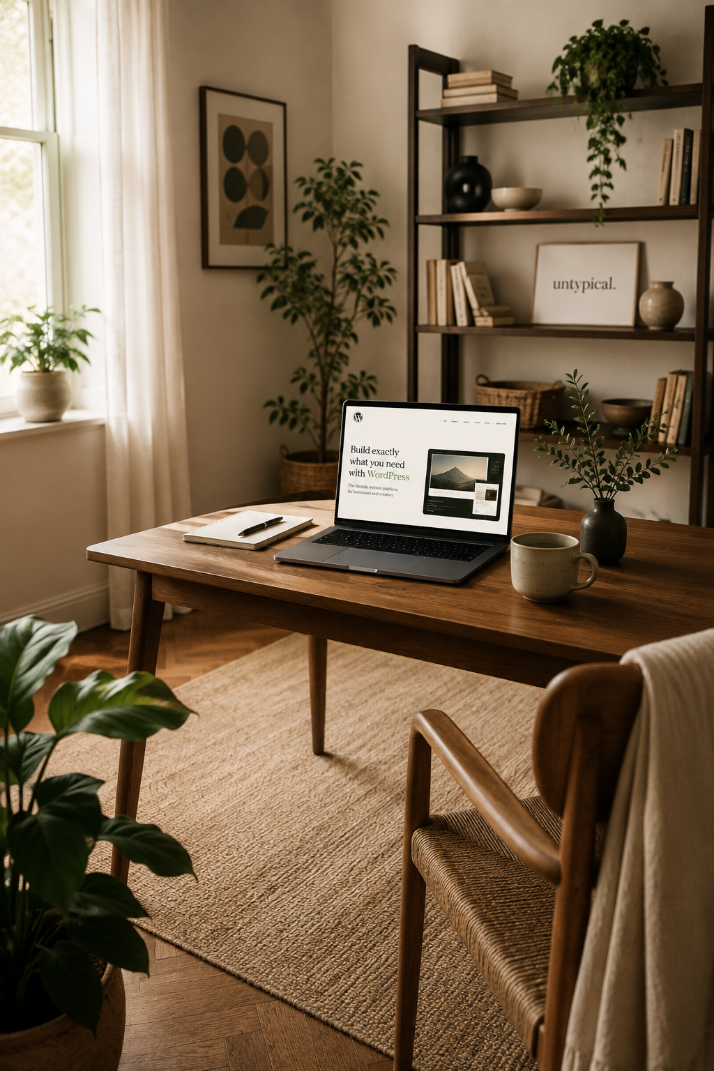 Warm home office with a laptop displaying a WordPress website on a wooden desk.