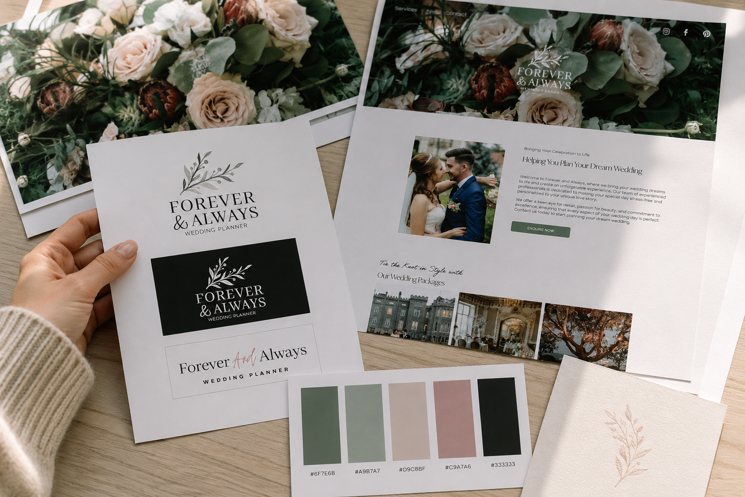 Forever & Always wedding planner brand assets, colour palette and website design displayed together during a branding review.