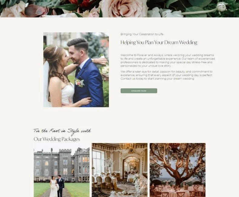 Forever & Always wedding planner website showing wedding planning services and package options.
