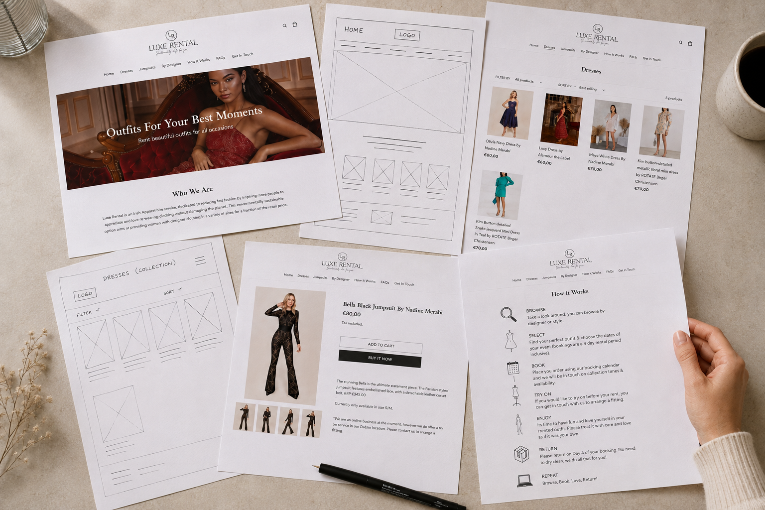 Printed Luxe Rental website designs and wireframes laid out on a desk, showing the planning and page structure process for a website project.