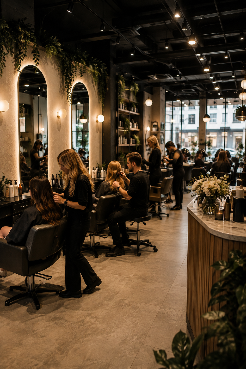 Busy modern hair salon with stylists working with clients at multiple styling stations.