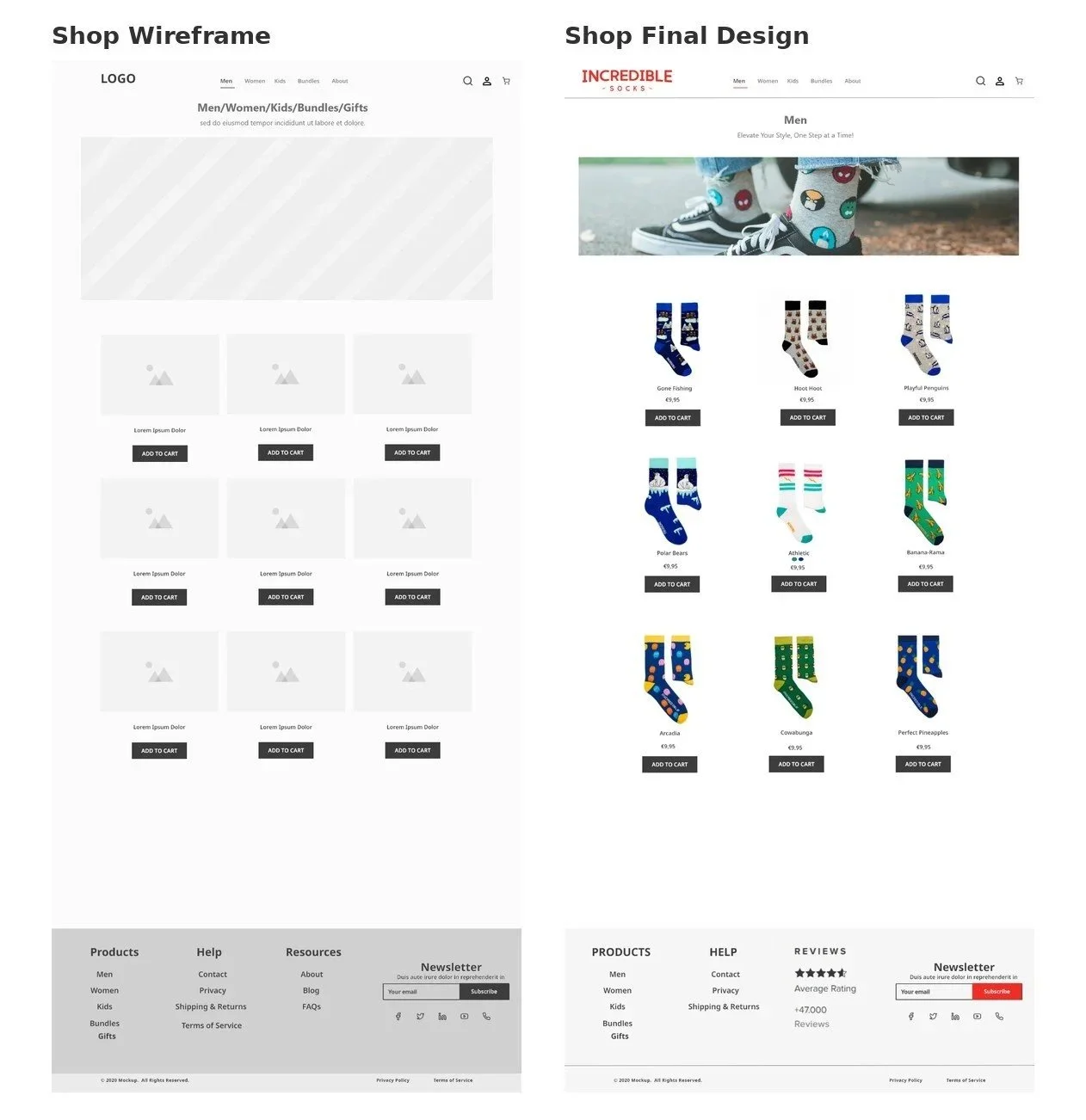 Incredible Socks shop page wireframe alongside the finished ecommerce design with product collections.