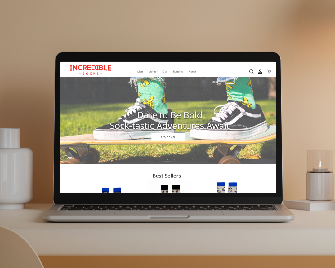 Incredible Socks Shopify ecommerce website featuring colourful product photography and a clean online store design.