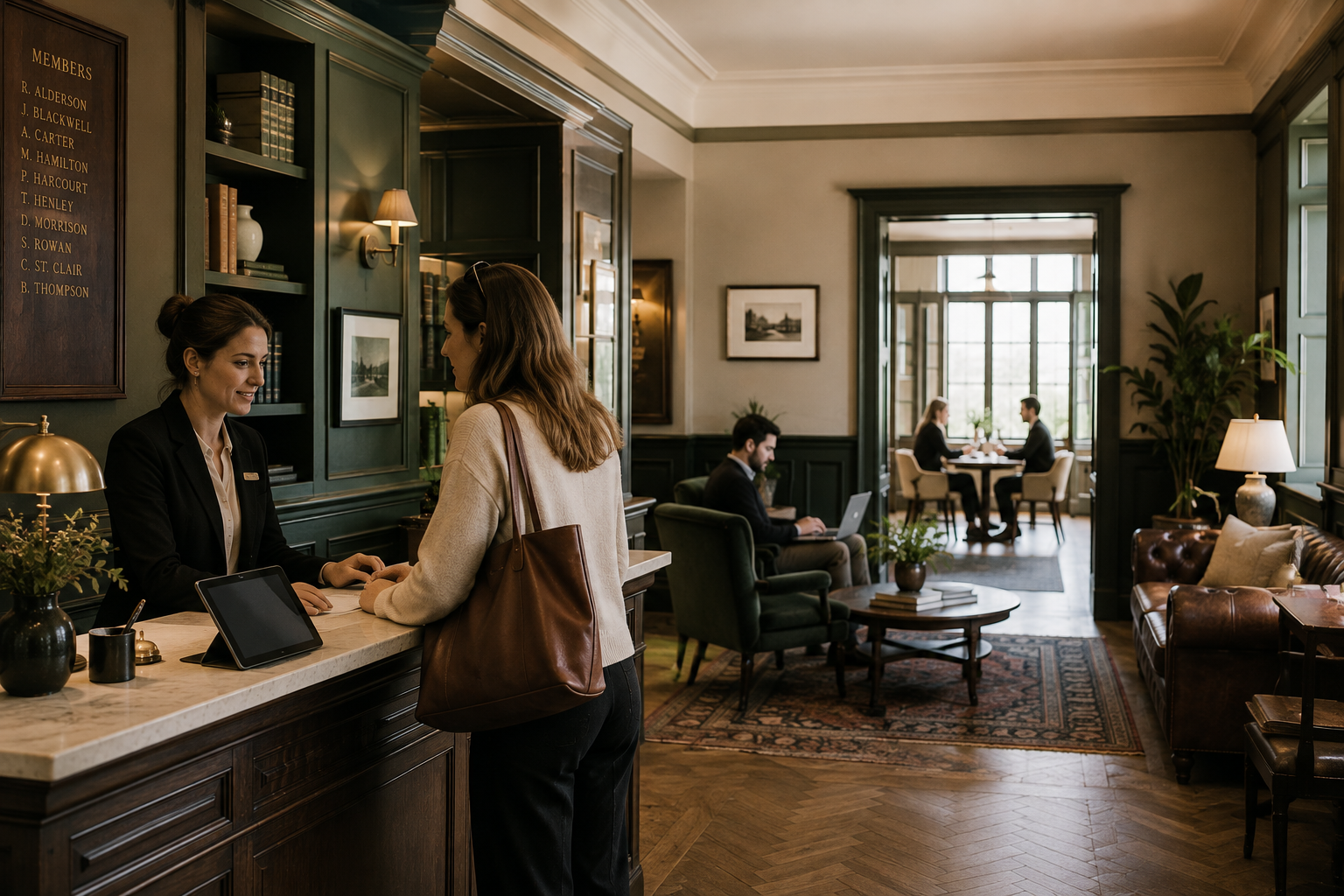 Staff welcoming a customer at the reception desk of a stylish members' club and business workspace.