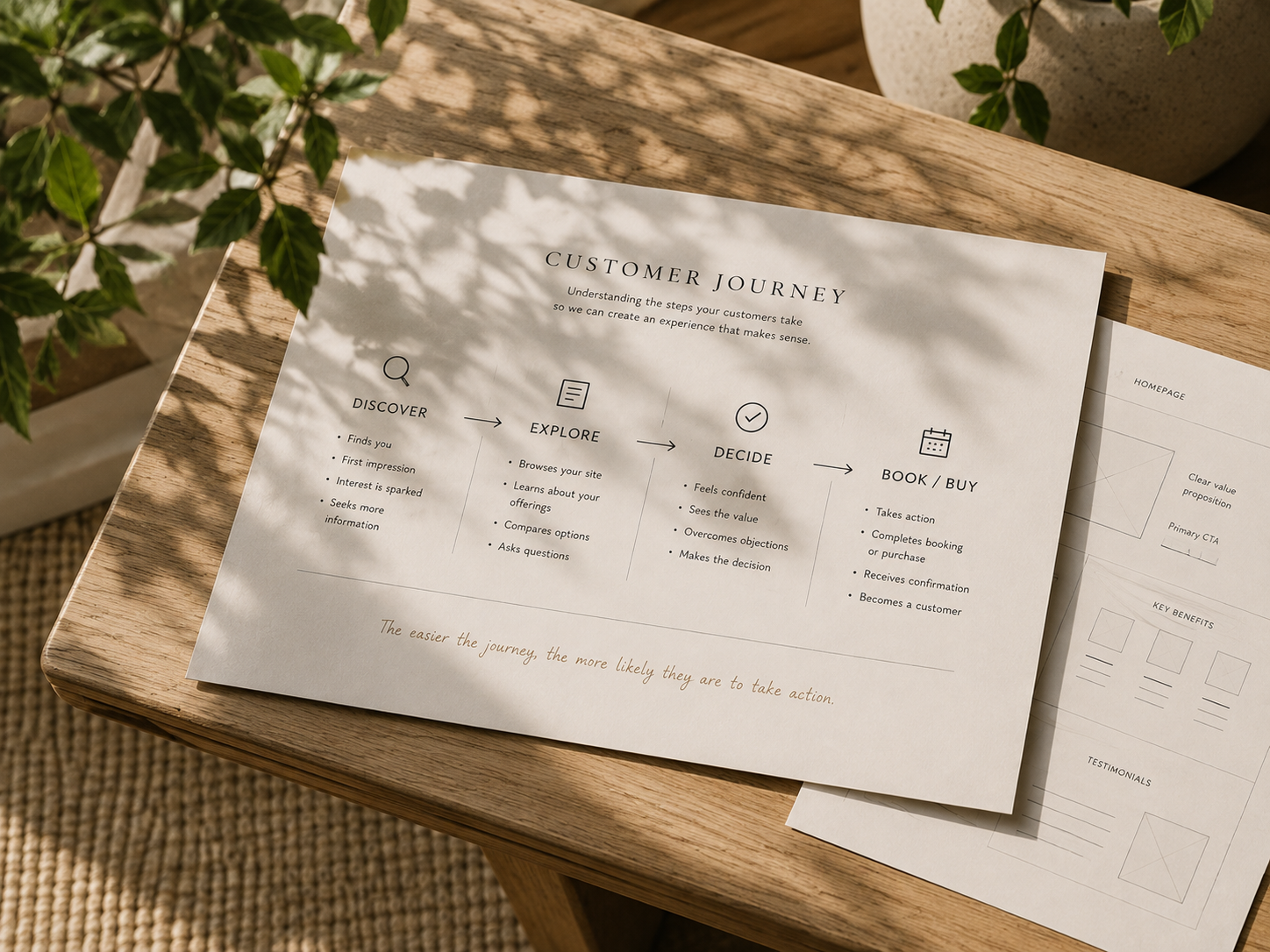 Customer journey planning document mapping the path from discovery to booking or buying