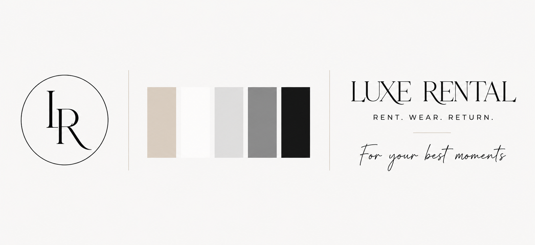 Luxe Rental brand identity featuring the LR monogram, neutral colour palette and elegant serif and script typography.
