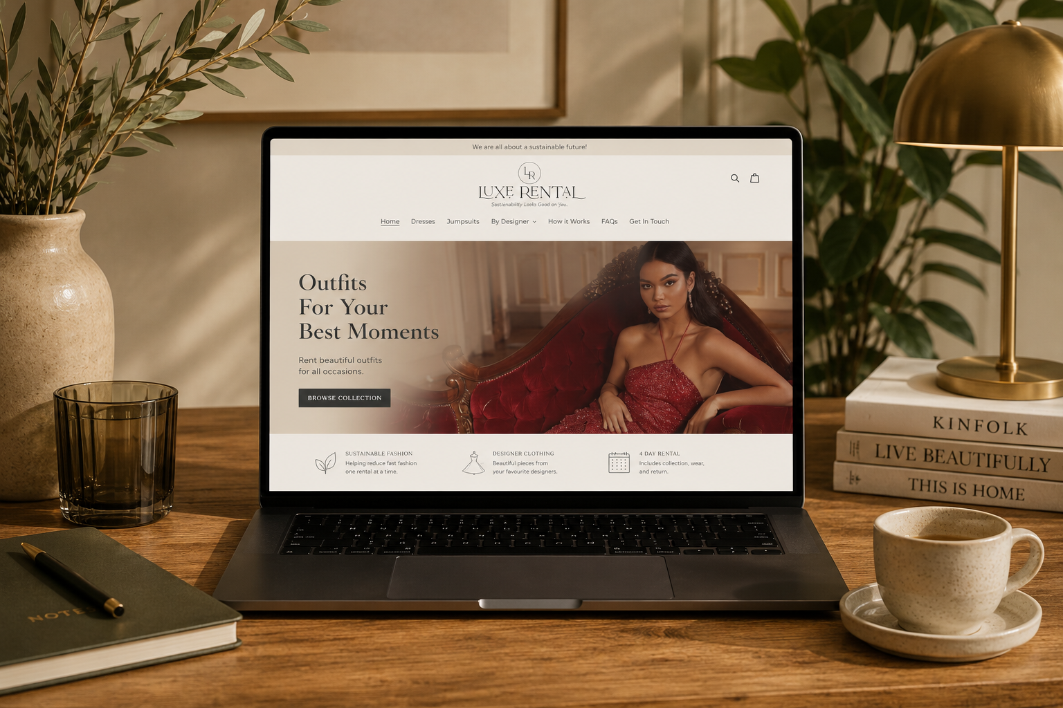 Laptop displaying the Luxe Rental fashion rental website on a warm, styled workspace.