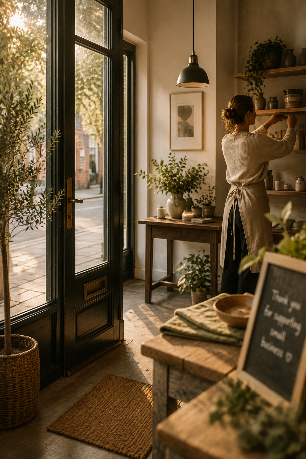 Small business owner preparing a stylish studio space ahead of opening to customers.