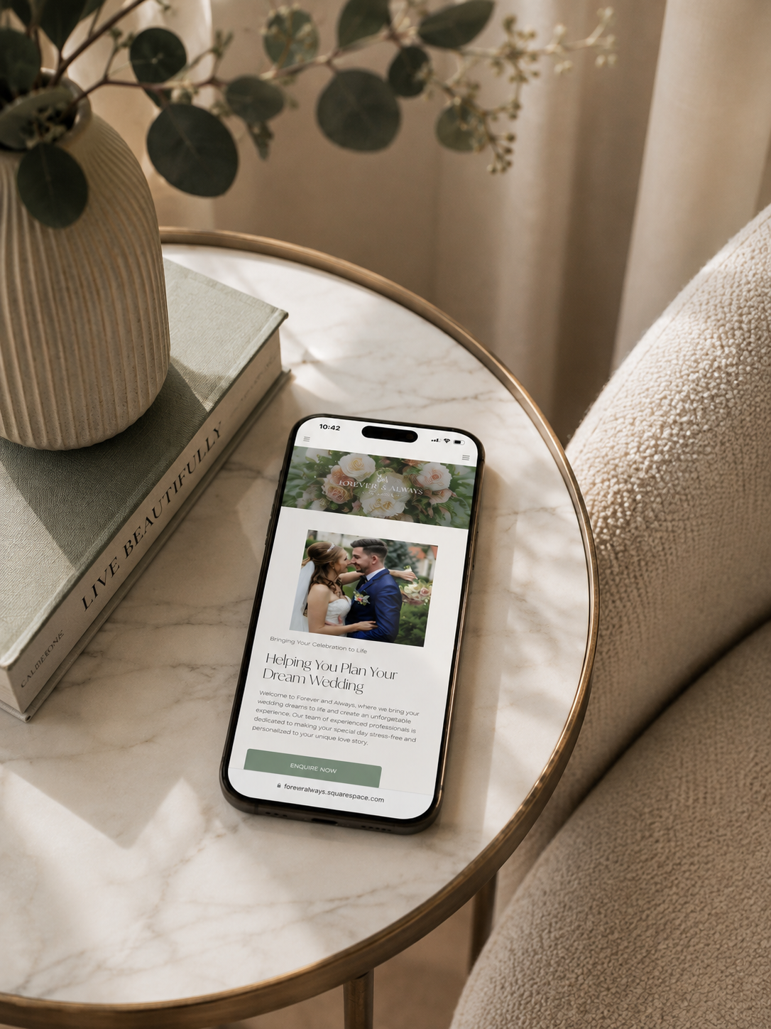 Forever & Always wedding planning website design displayed on a smartphone, showing a bride and groom.