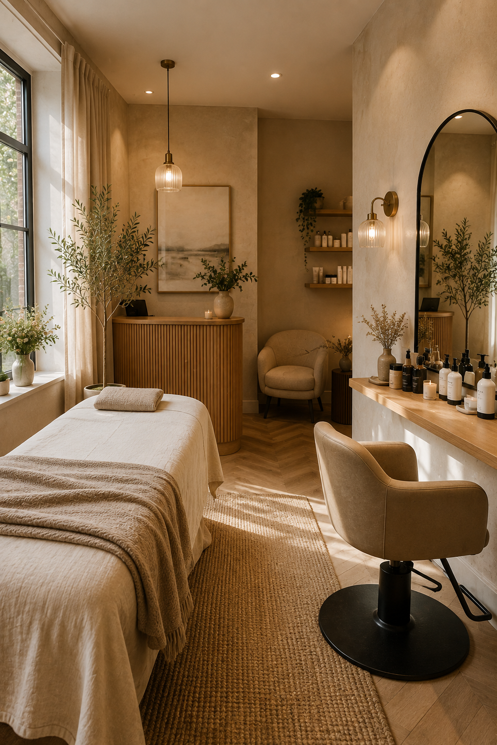 Small modern beauty studio with a treatment bed, styling station and reception area.
