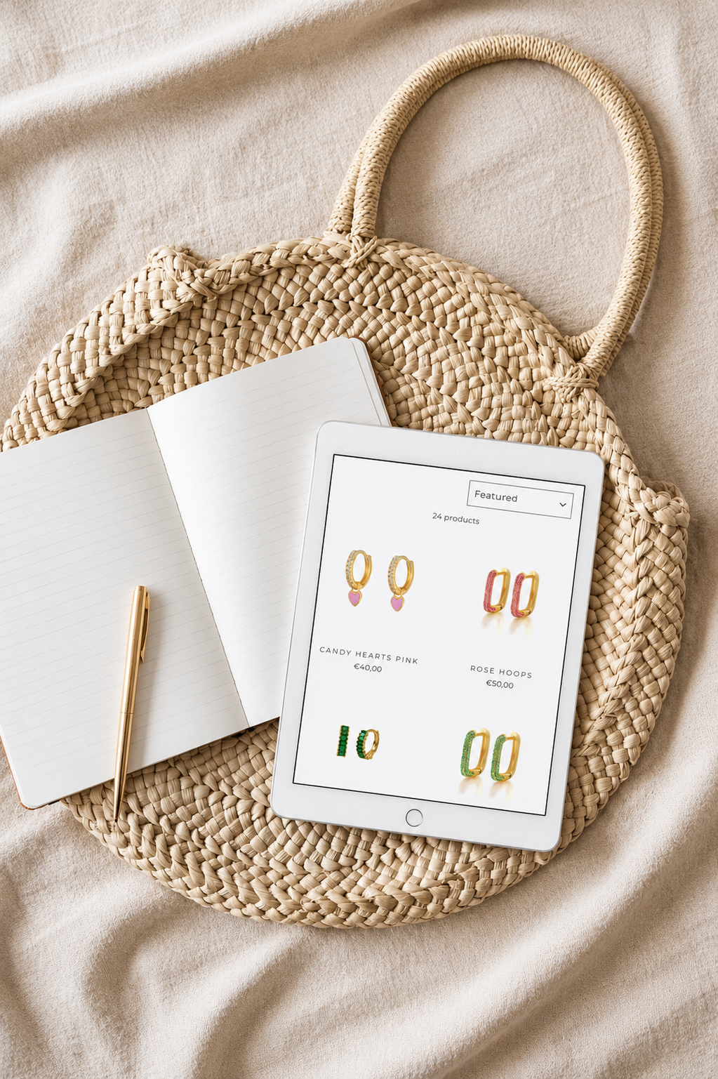 Stór Jewellery product collection displayed on a tablet with gold and colourful jewellery