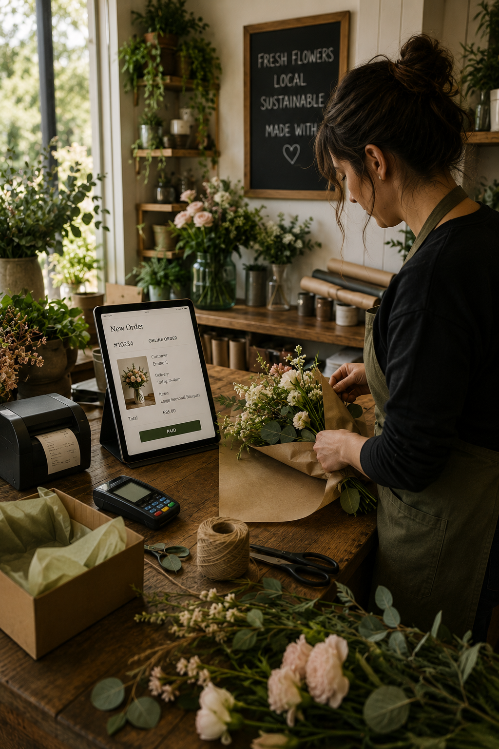 Florist preparing an online customer order in her shop with the order details displayed on a tablet.