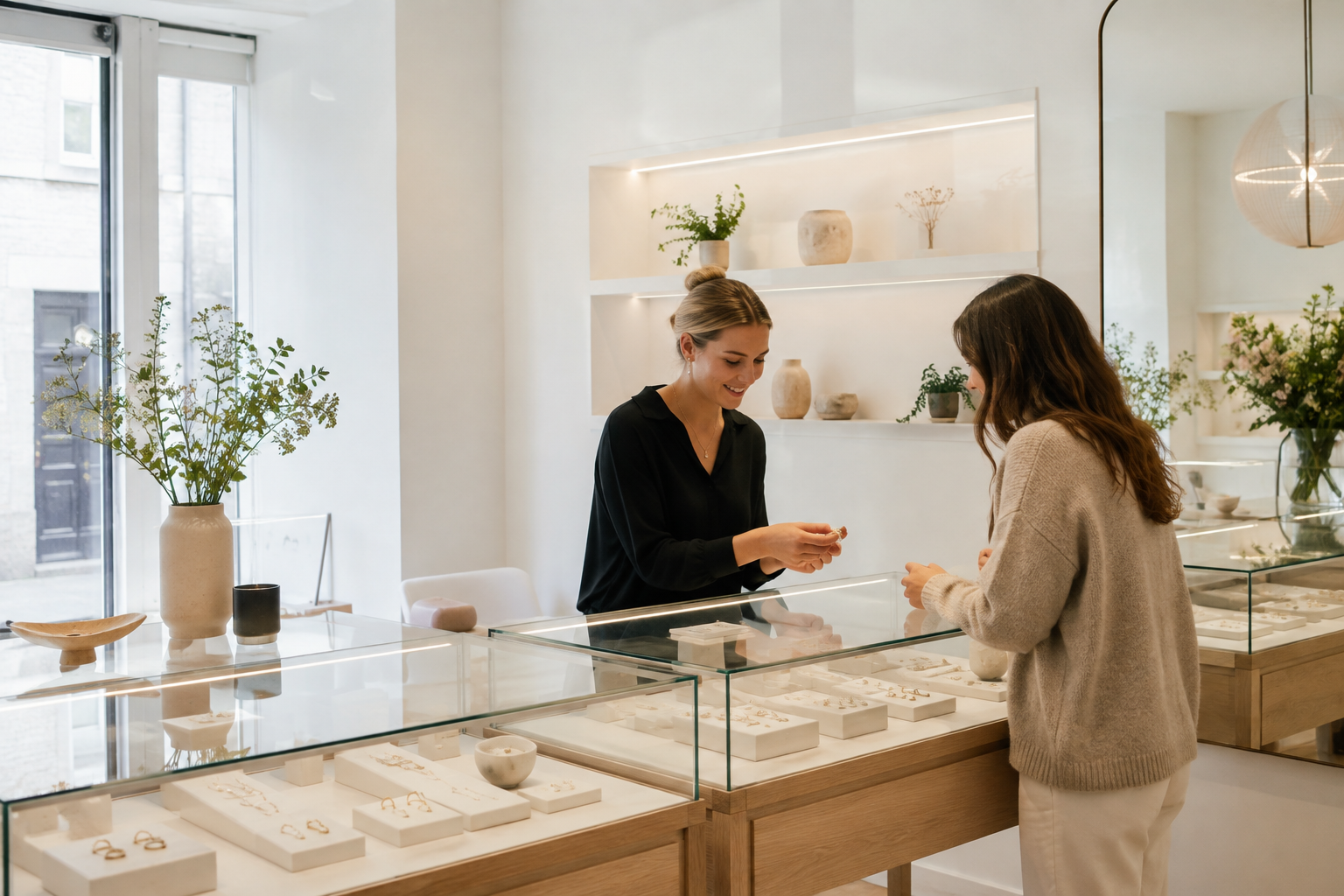Customer speaking with a jeweller in a bright, minimalist jewellery boutique with natural wood and glass displays.