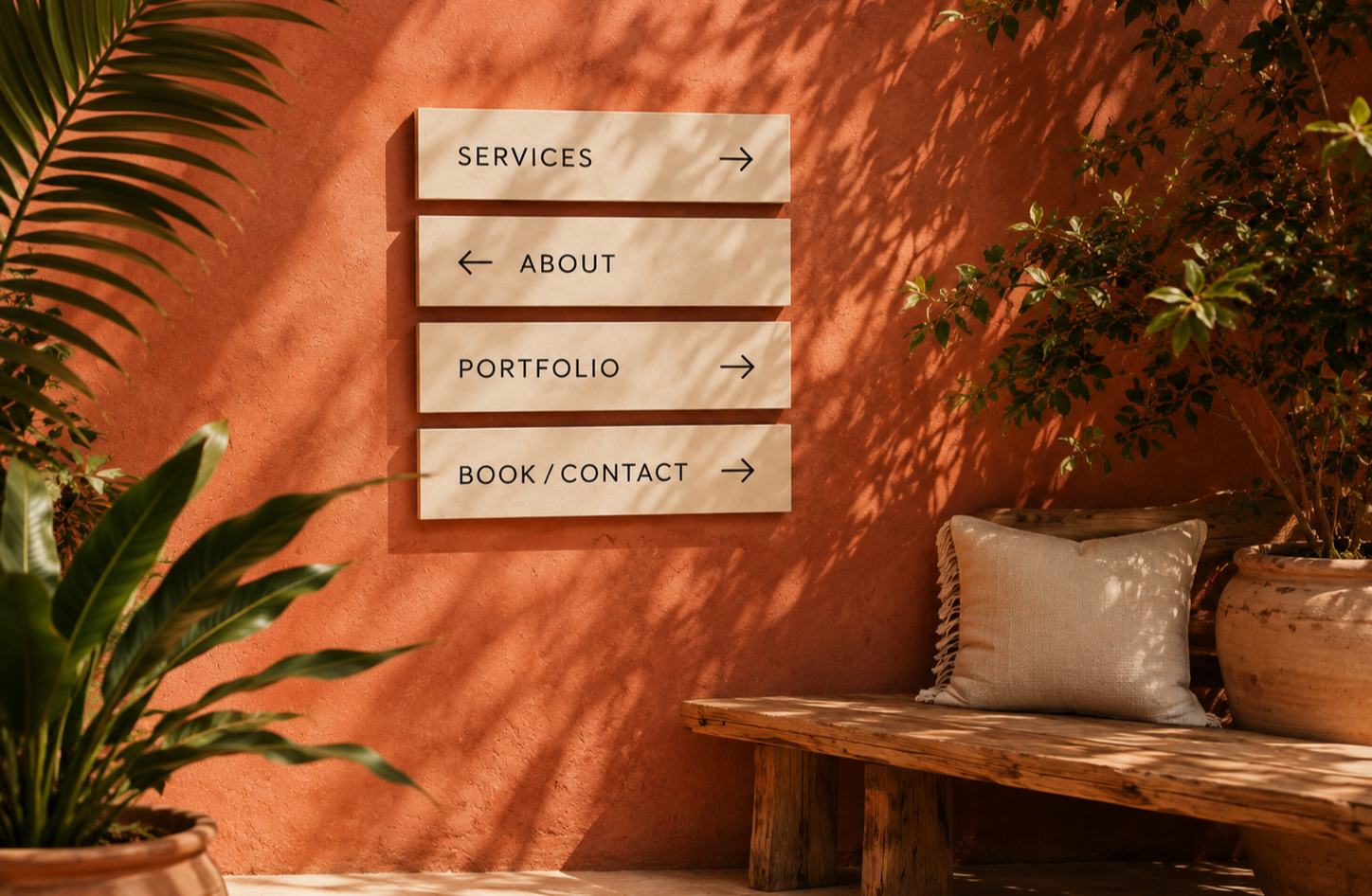 Website navigation concept showing services, about, portfolio and contact pathways