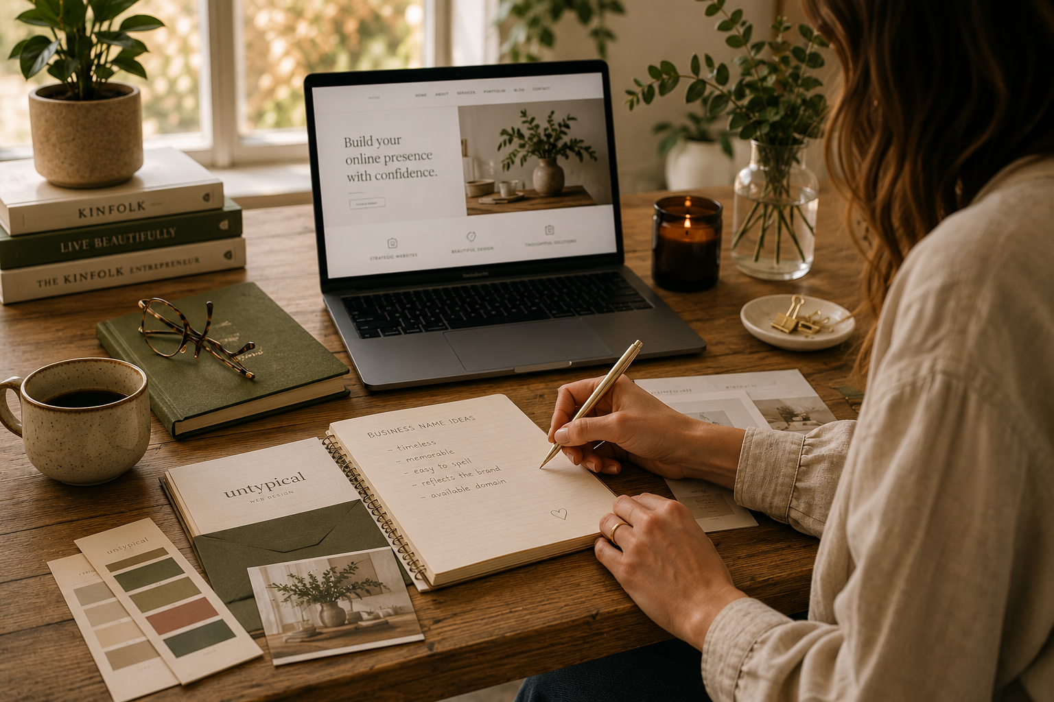 Small business owner planning a brand and online presence at a warm, creative workspace.