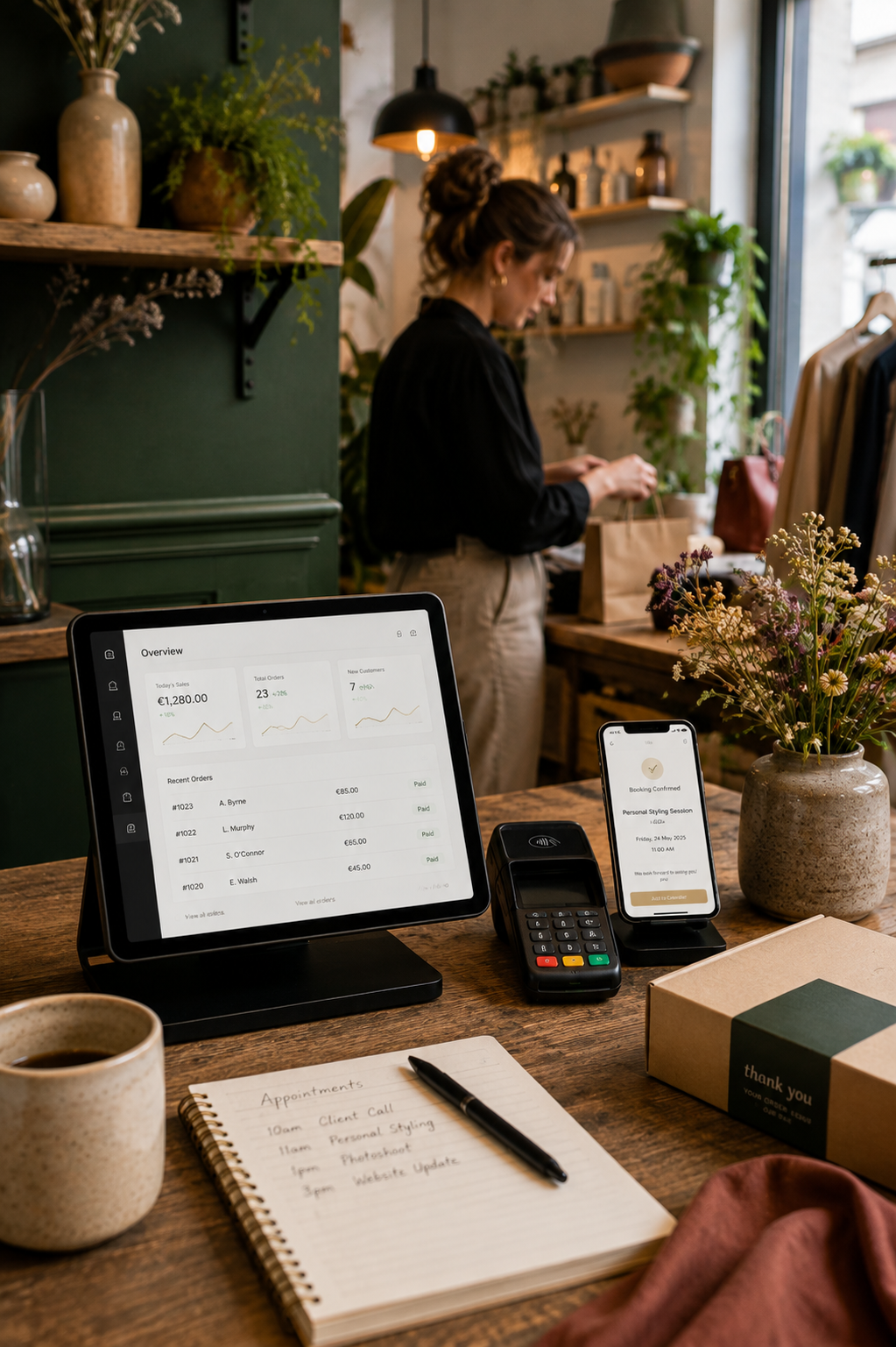 Tablet, smartphone and card reader used to manage bookings, payments and customer information