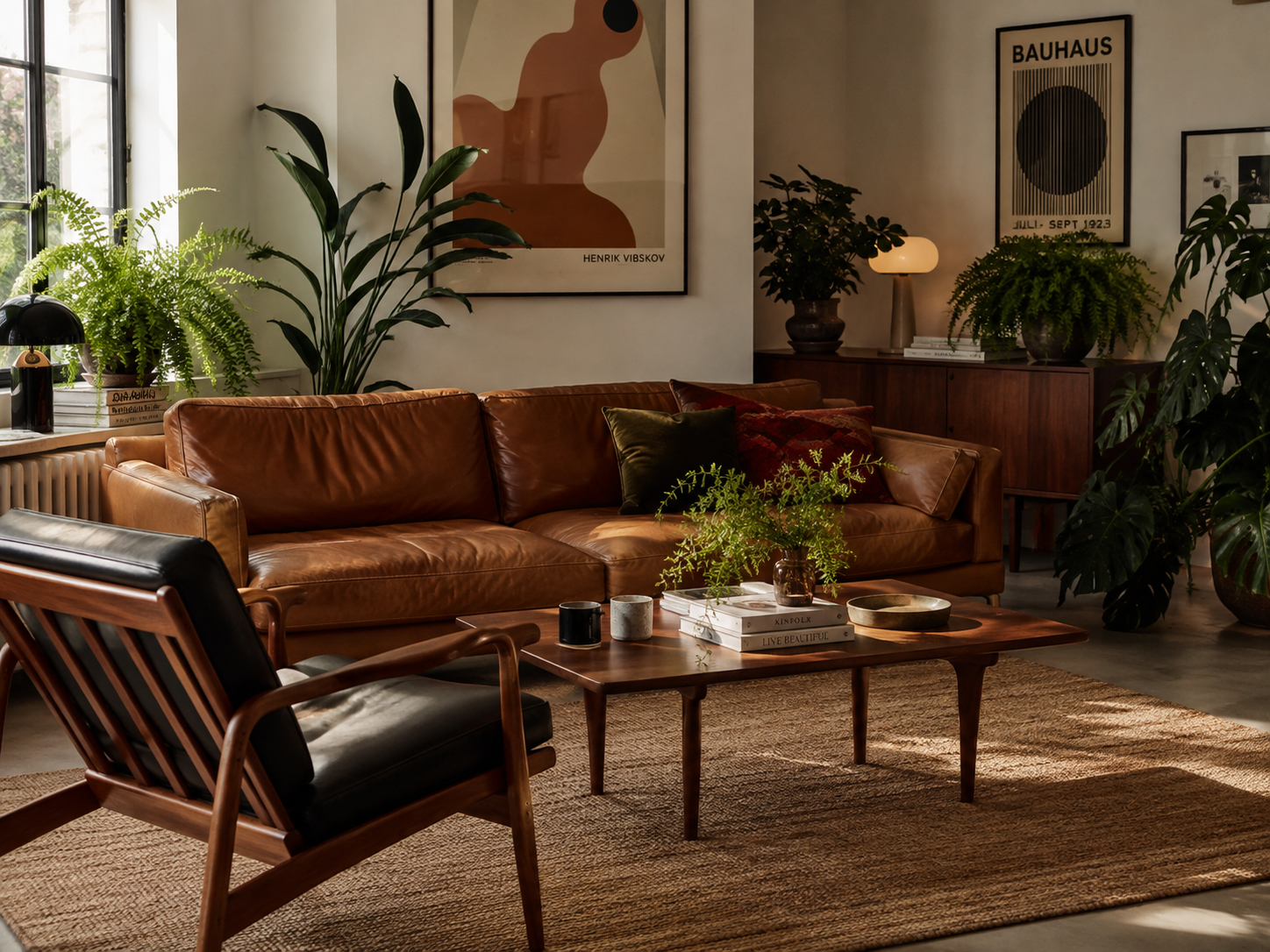 Warm living room interior with a brown leather sofa, wooden furniture and green plants.