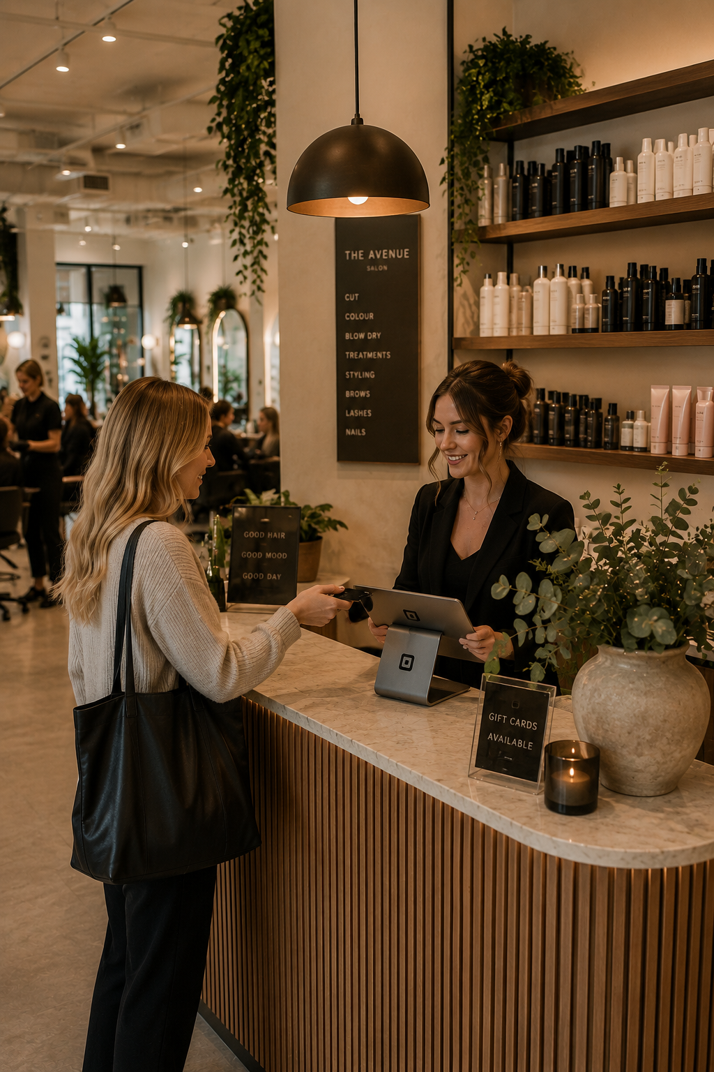 Client making a payment at the reception desk of a modern hair and beauty salon.