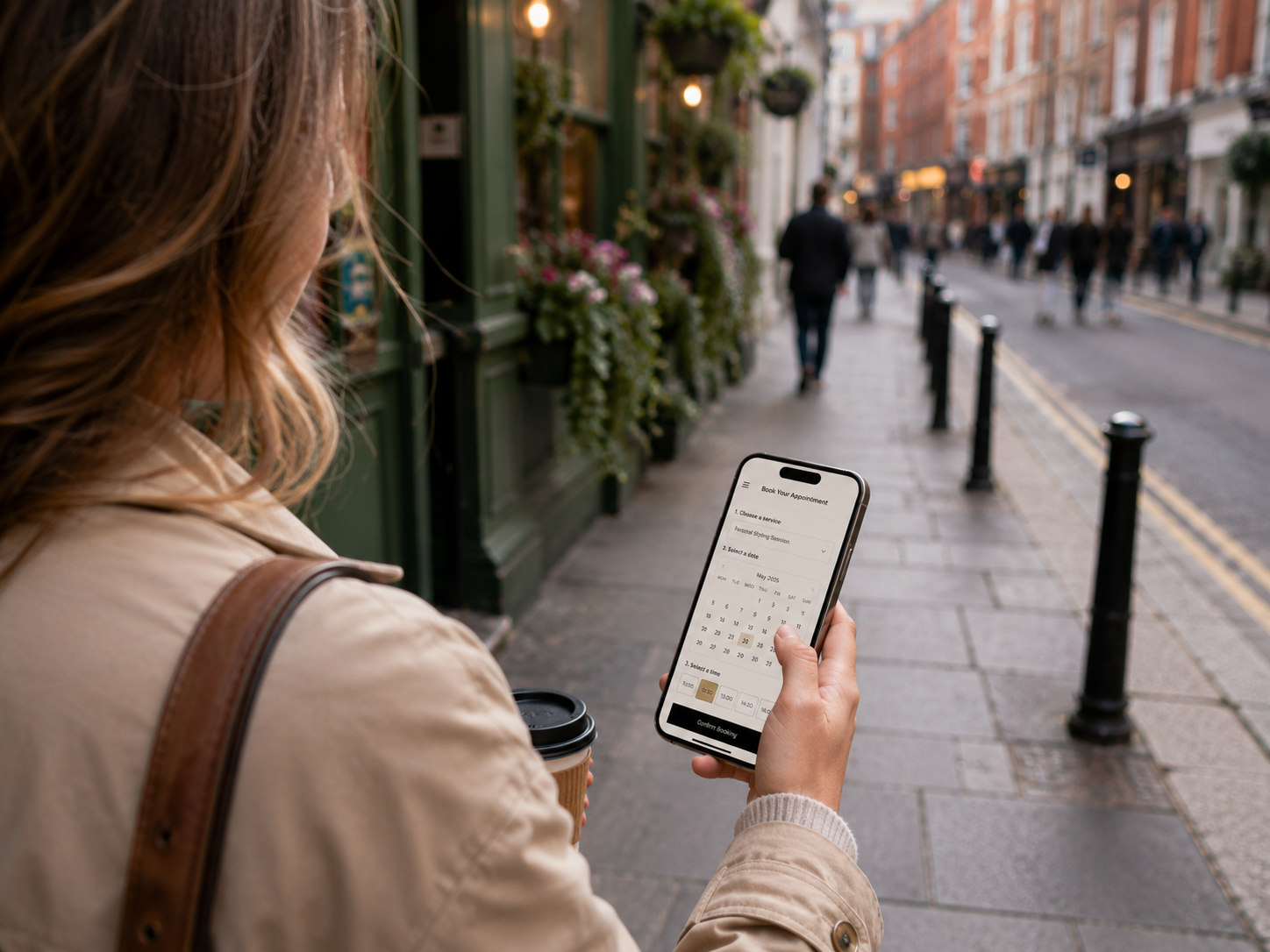 Customer using an online booking system on her phone