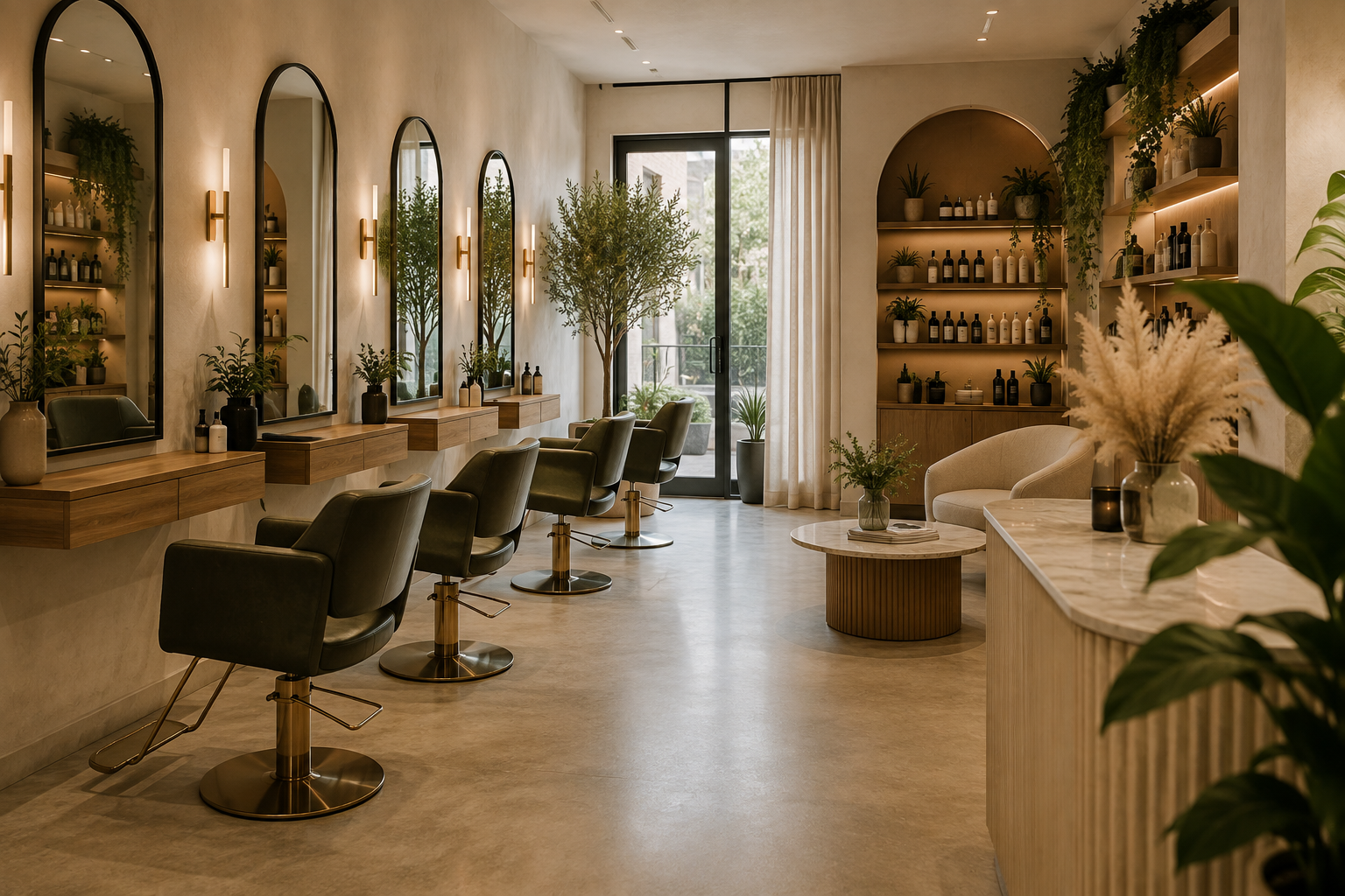 Modern hair salon interior with styling stations, mirrors, seating and plants.