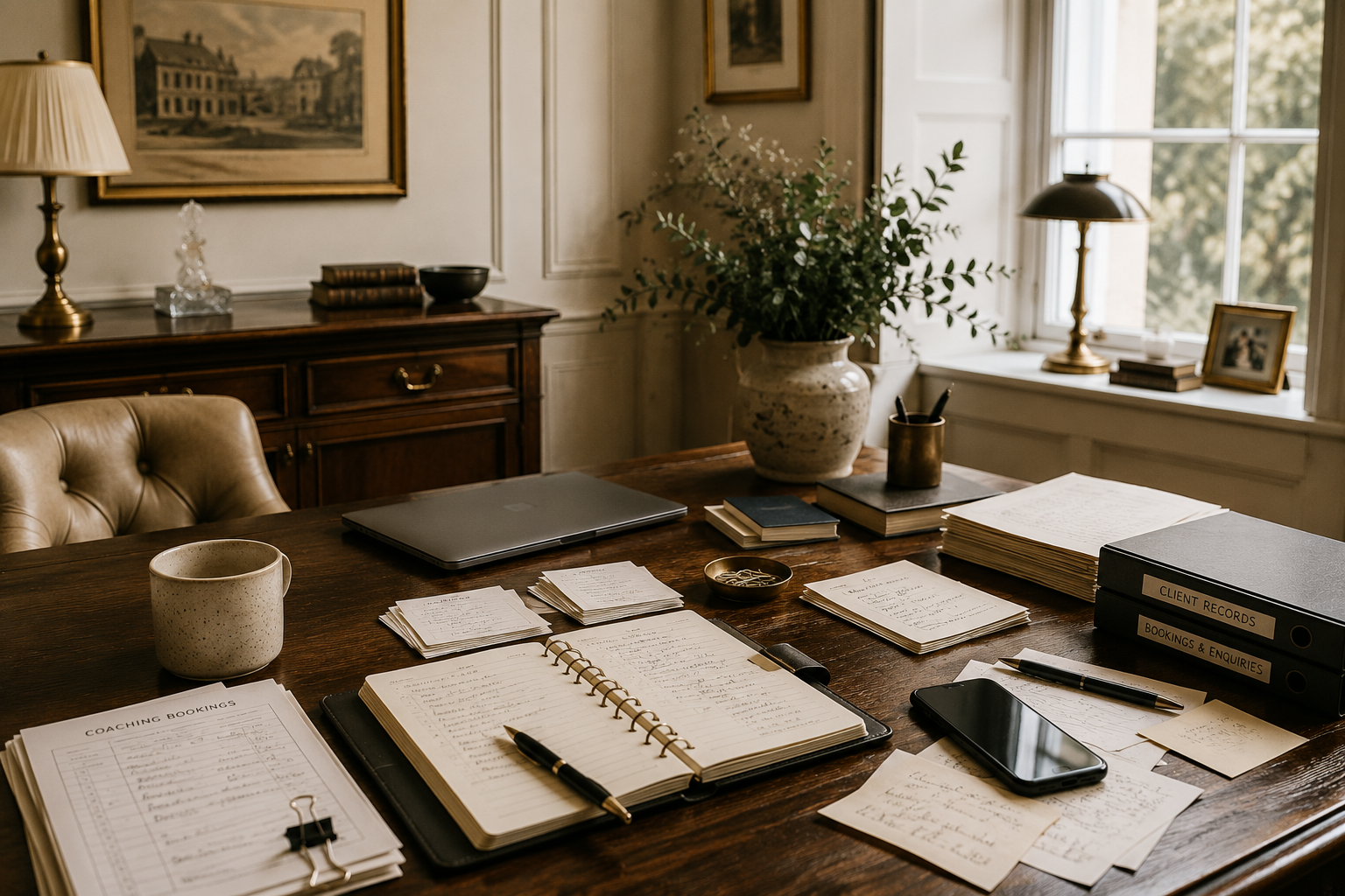 Traditional English office with a wooden desk, closed laptop, notebooks, client records and booking paperwork.