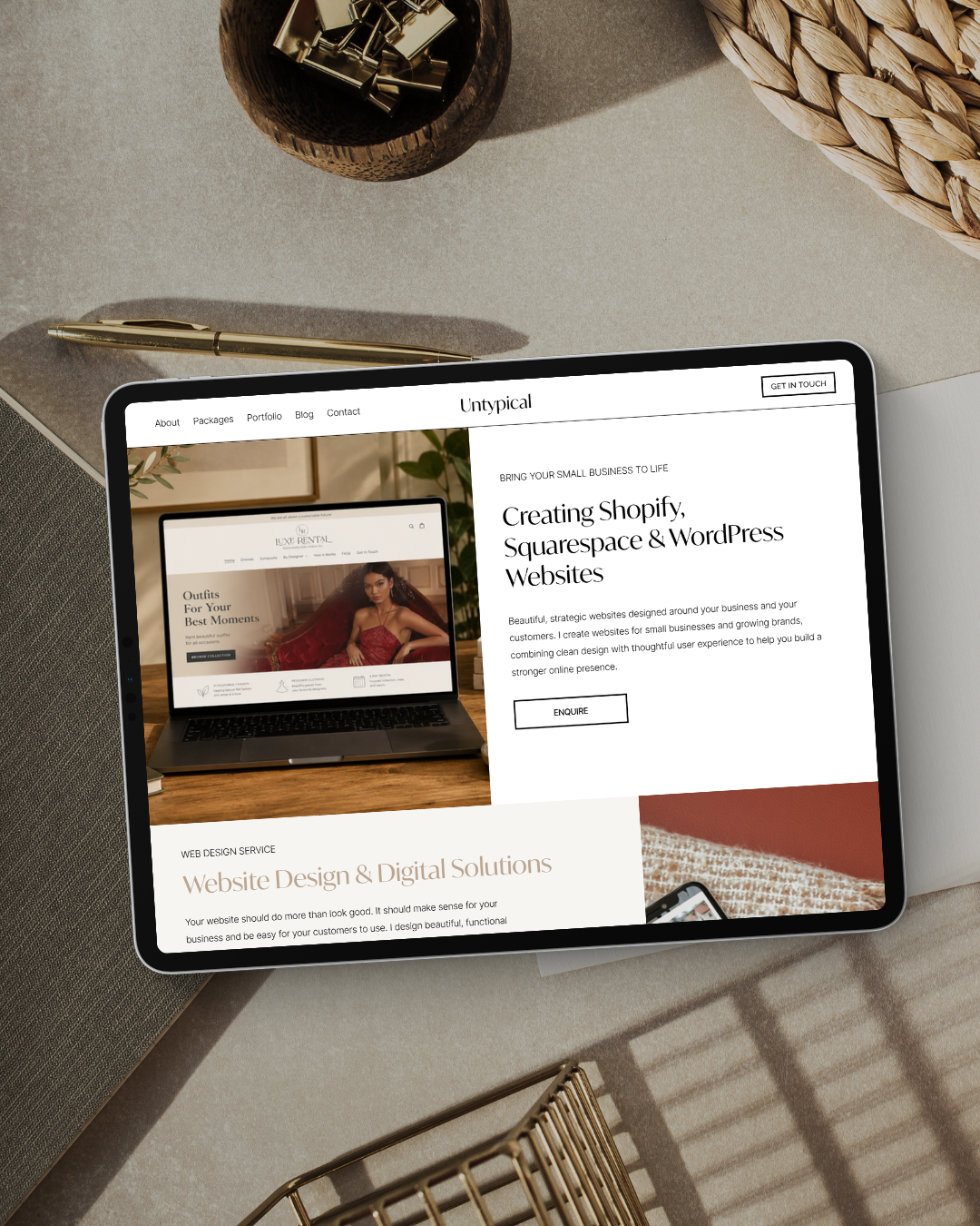 Untypical web design home page desplayed on tablet