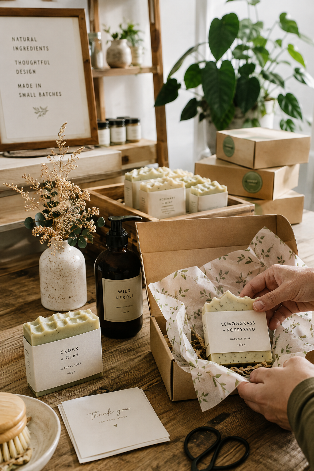 Small handmade soap business packing an online customer order in a home studio.