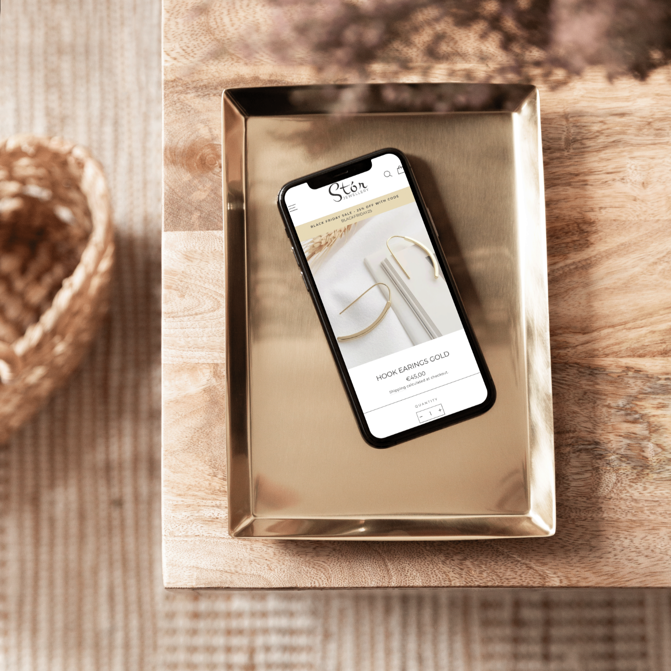 Stór Jewellery Hook Earrings product page displayed on a smartphone