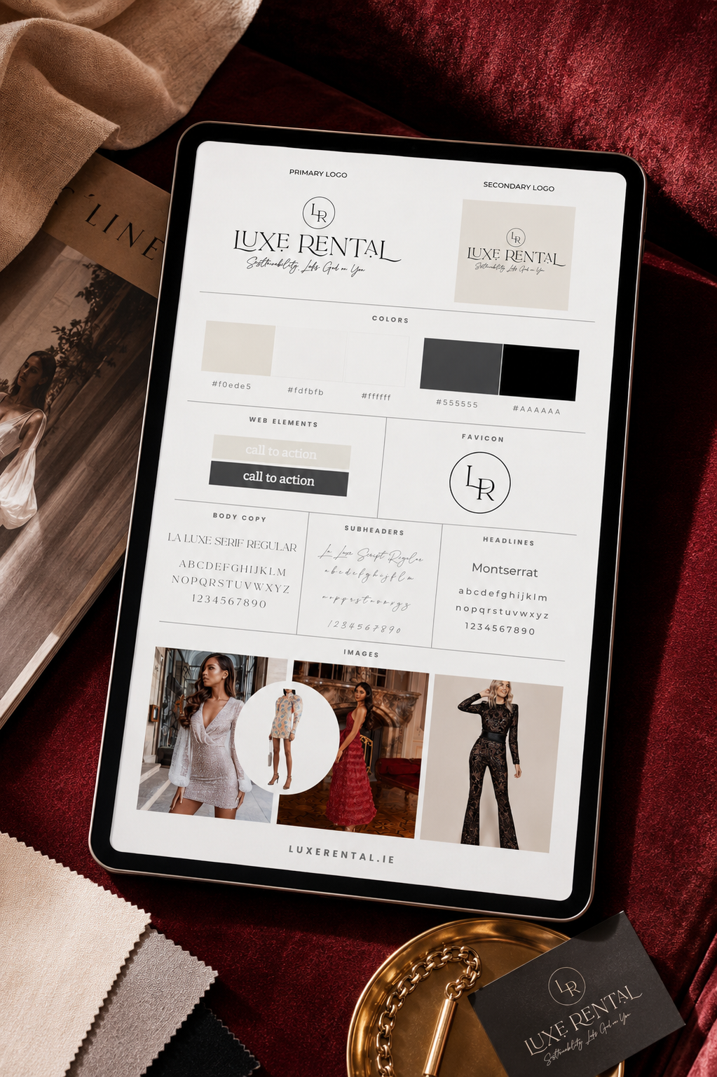Brand design board showing logos, colours, typography and imagery for a fashion rental website